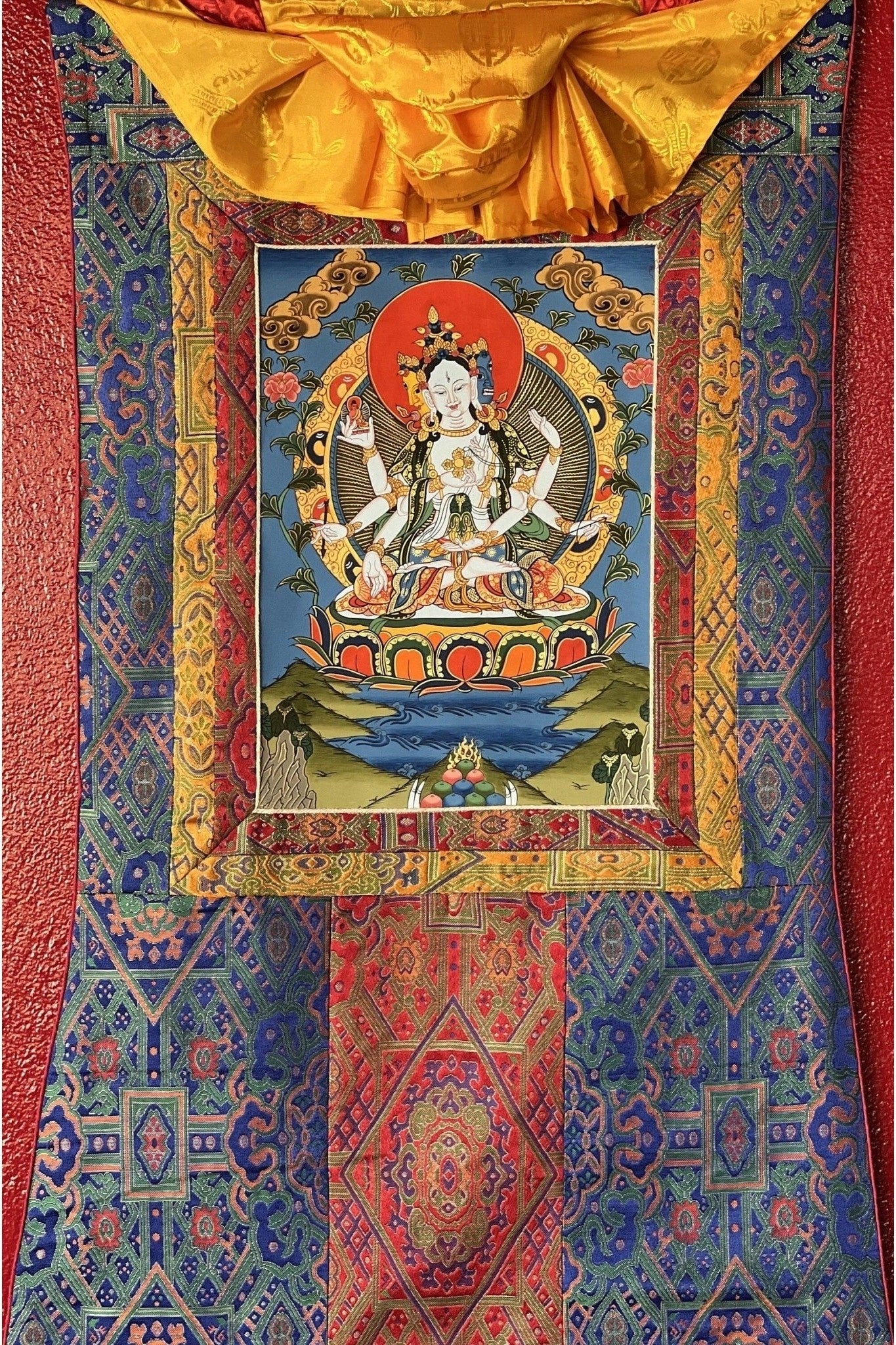 Basundhara/Namgyalma/ Dakini of Longevity Tibetan Thangka Painting, Original Art, Bordered with High Quality Silk - Tibetan Thangka Art