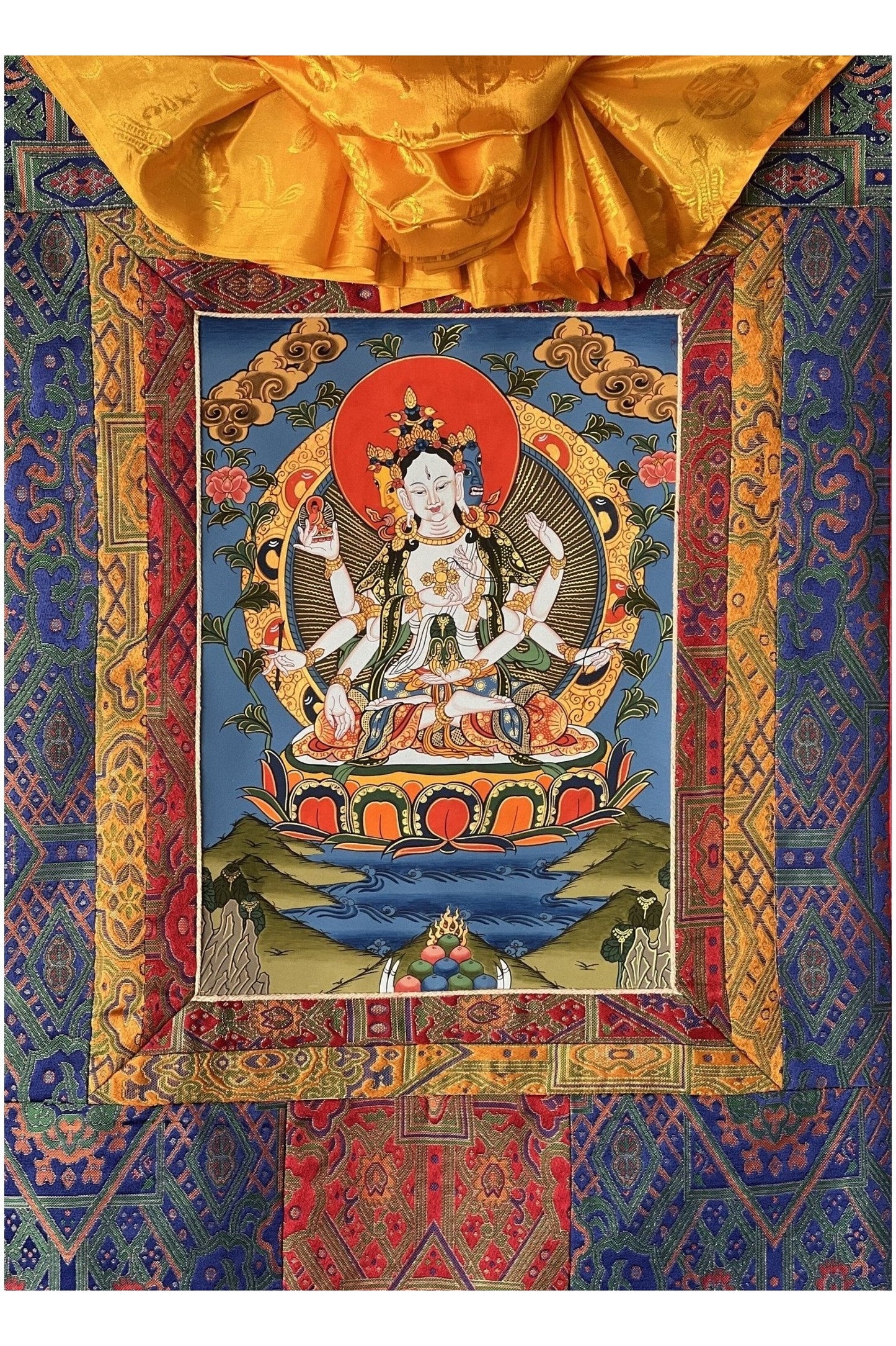 Basundhara/Namgyalma/ Dakini of Longevity Tibetan Thangka Painting, Original Art, Bordered with High Quality Silk - Tibetan Thangka Art