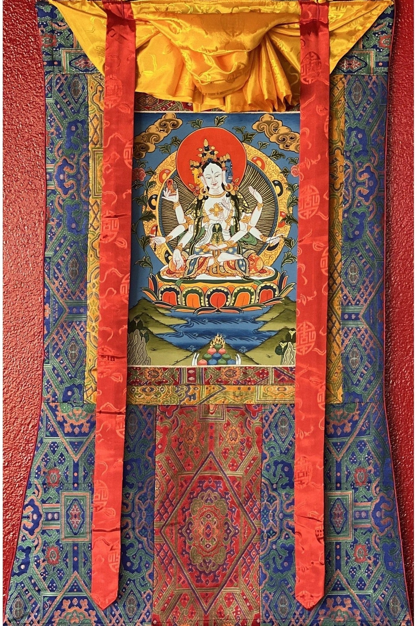 Basundhara/Namgyalma/ Dakini of Longevity Tibetan Thangka Painting, Original Art, Bordered with High Quality Silk - Tibetan Thangka Art
