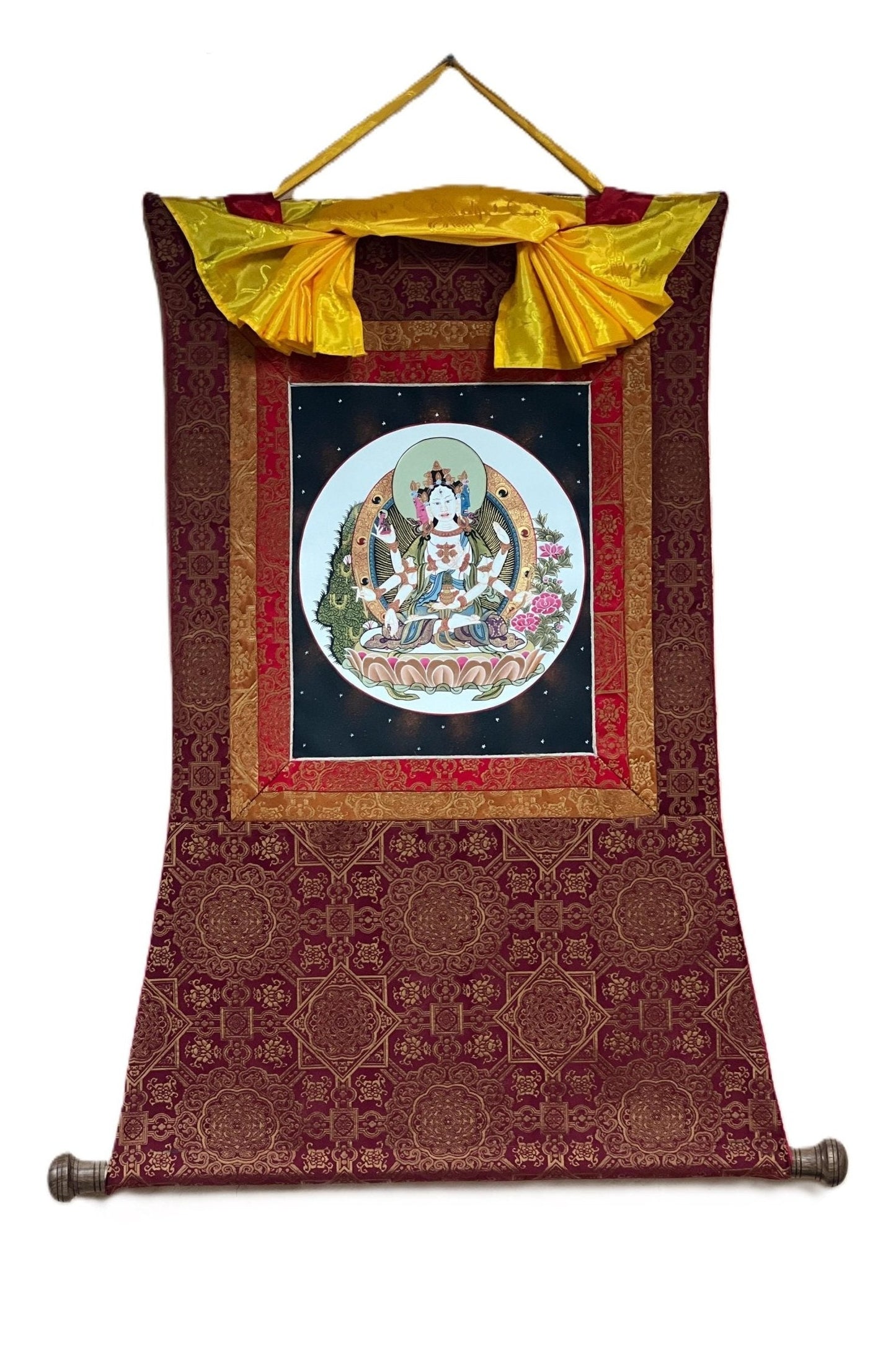 Basundhara/Vasudhara/ Namgyalma/ Dakini of Longevity Tibetan Thangka Painting, Original Hand - Painted Art Bordered with Premium Quality Silk - Tibetan Thangka Art