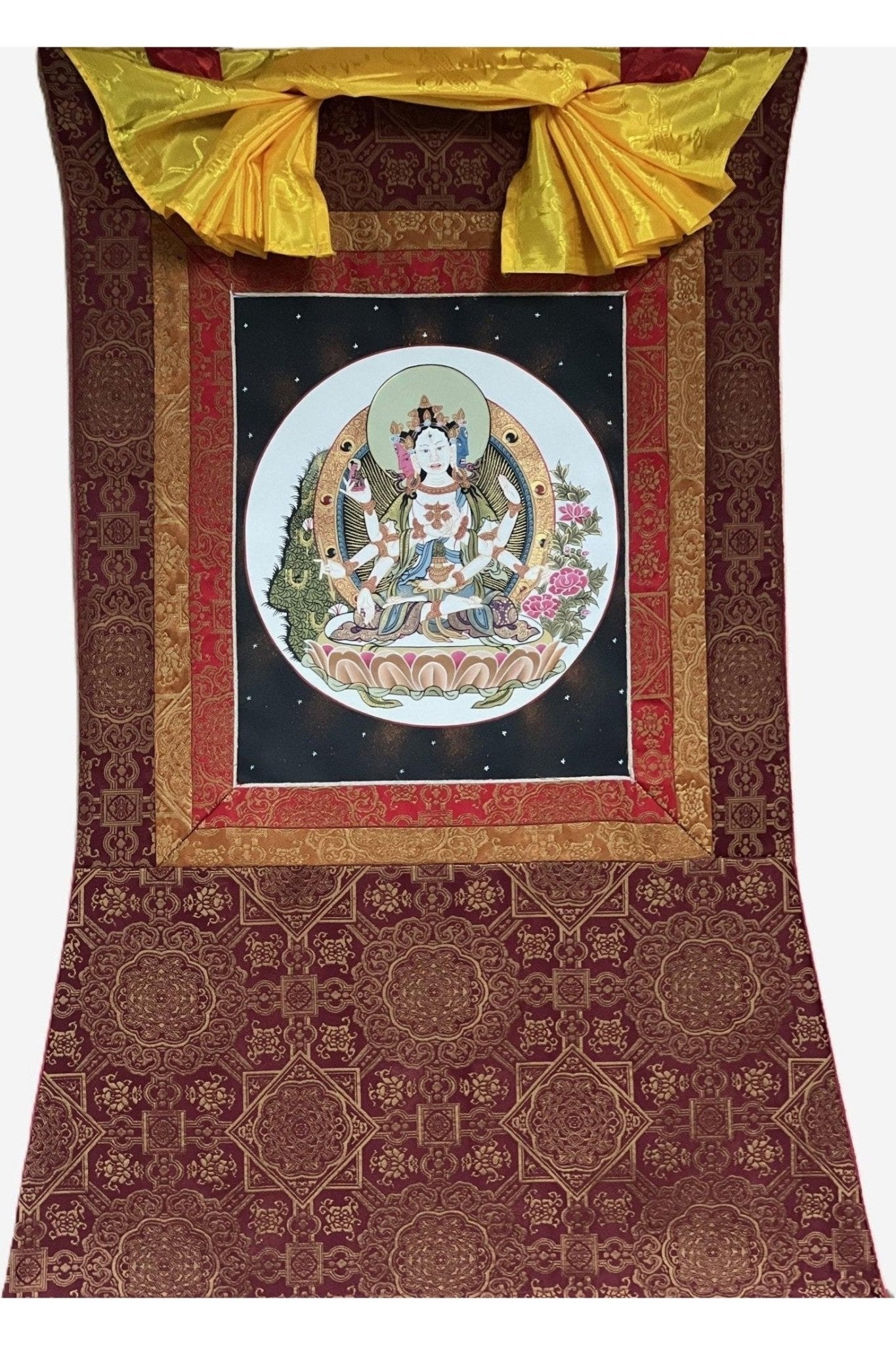 Basundhara/Vasudhara/ Namgyalma/ Dakini of Longevity Tibetan Thangka Painting, Original Hand - Painted Art Bordered with Premium Quality Silk - Tibetan Thangka Art