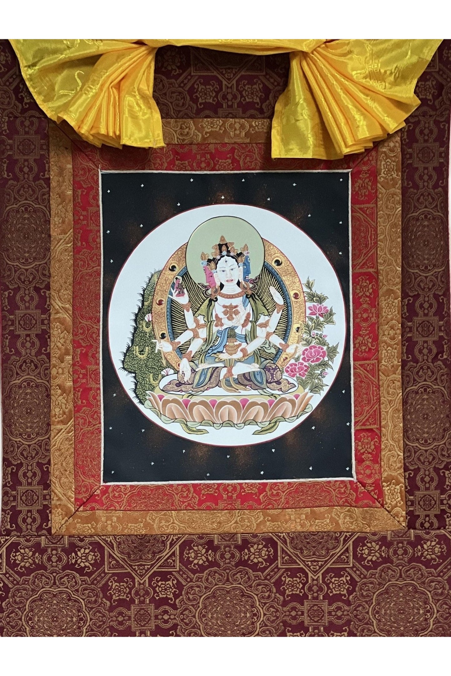 Basundhara/Vasudhara/ Namgyalma/ Dakini of Longevity Tibetan Thangka Painting, Original Hand - Painted Art Bordered with Premium Quality Silk - Tibetan Thangka Art