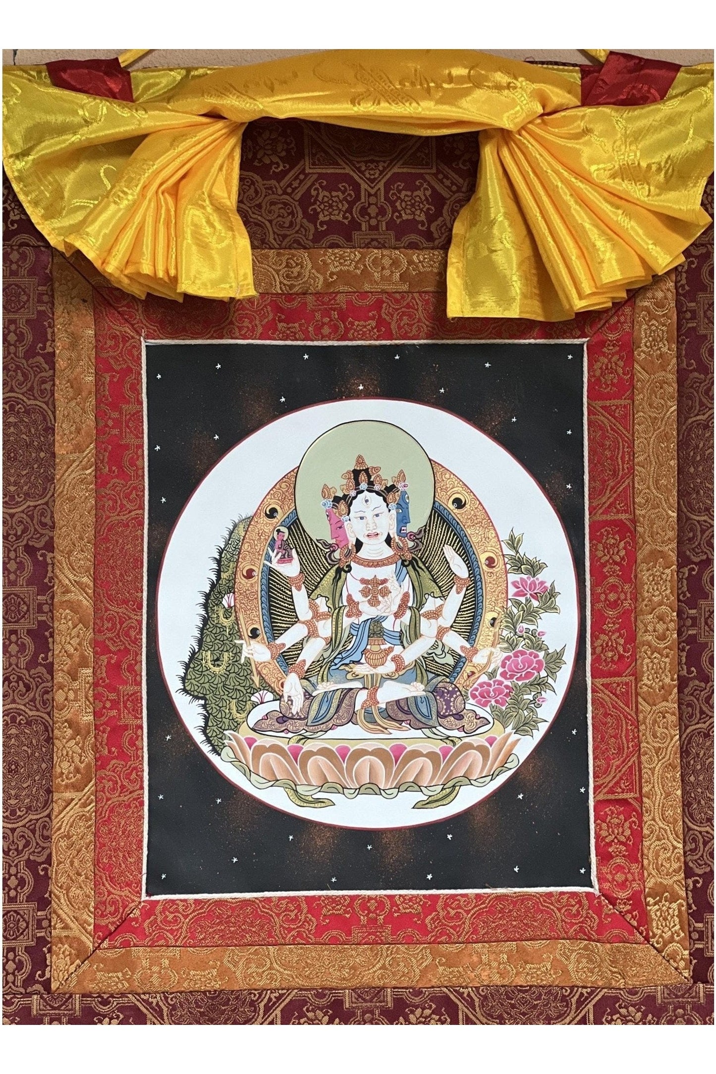 Basundhara/Vasudhara/ Namgyalma/ Dakini of Longevity Tibetan Thangka Painting, Original Hand - Painted Art Bordered with Premium Quality Silk - Tibetan Thangka Art