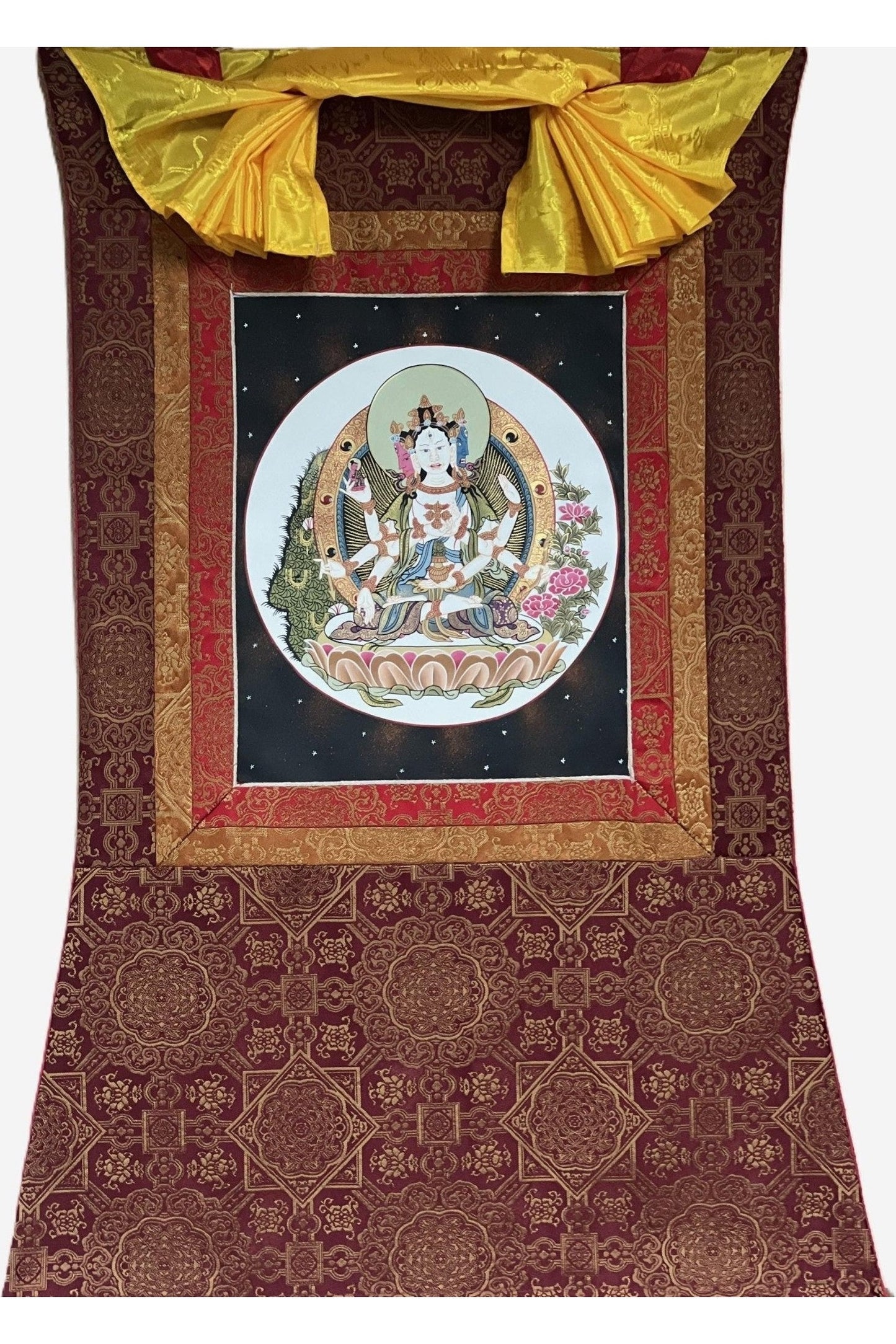 Basundhara/Vasudhara/ Namgyalma/ Dakini of Longevity Tibetan Thangka Painting, Original Hand - Painted Art Bordered with Premium Quality Silk - Tibetan Thangka Art