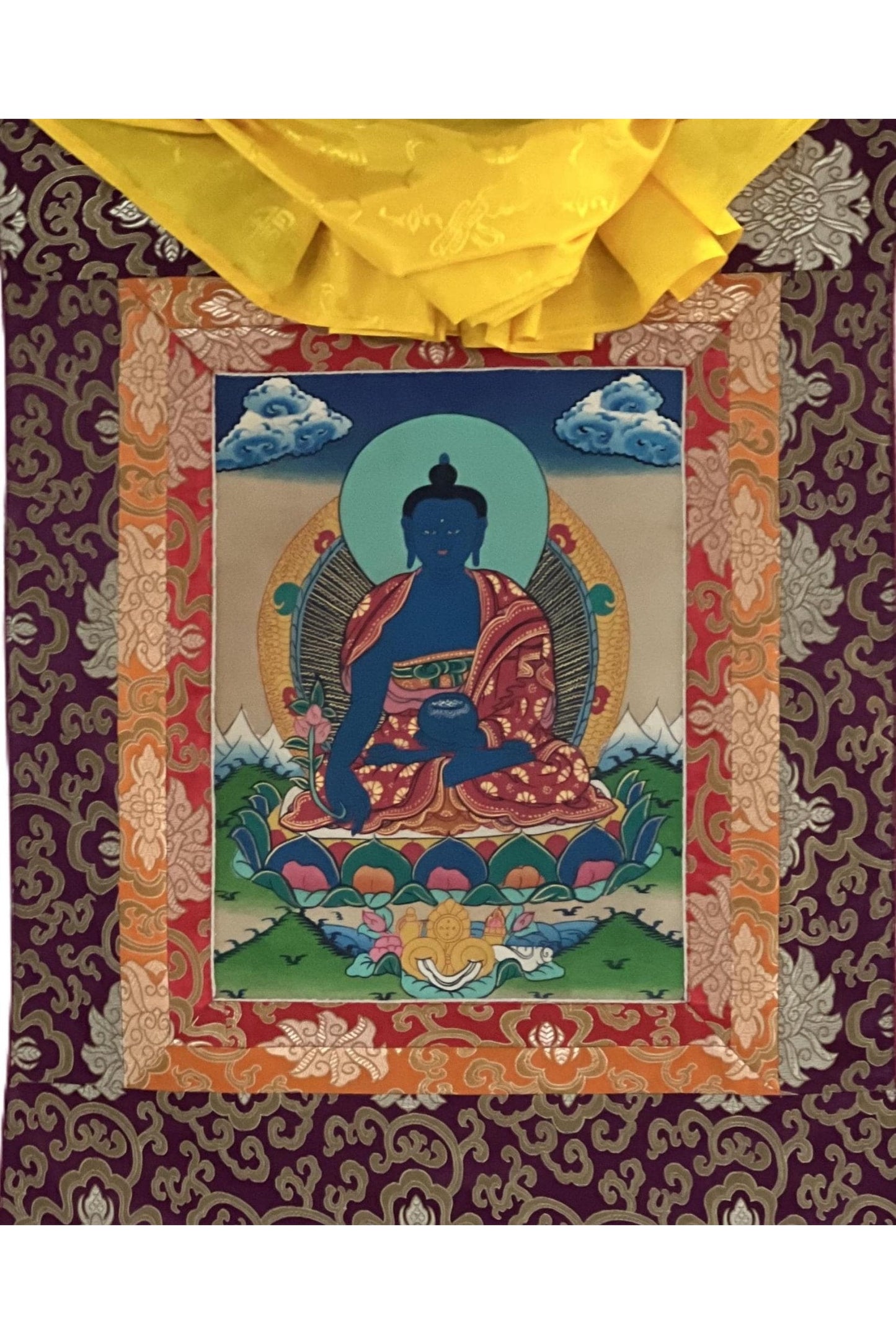 Bhaisajyaguru / Medicine Buddha/ Master Healer/ Tibetan Thangka Painting/ Original Buddhist Art Framed with Silk Brocade - Tibetan Thangka Art