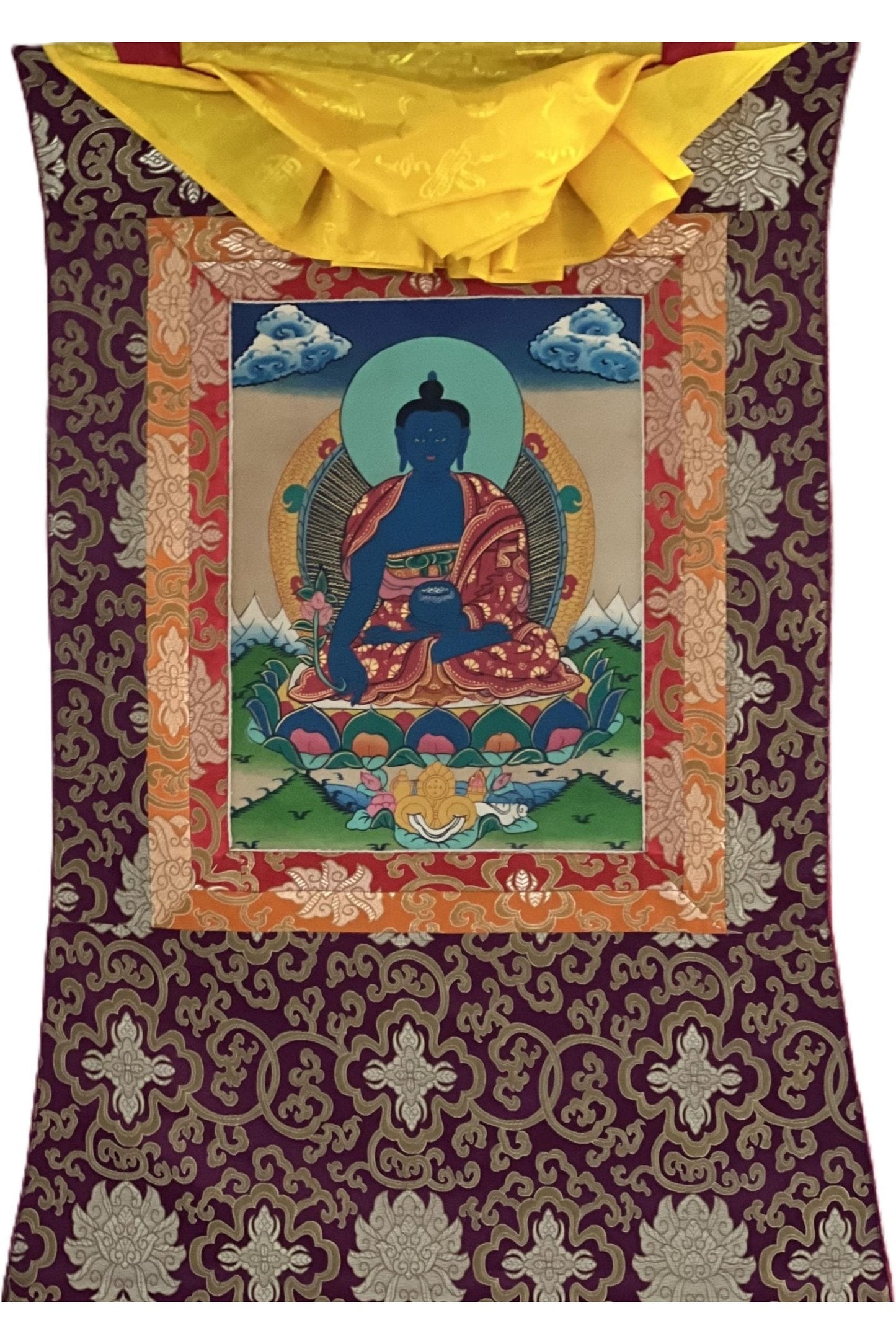 Bhaisajyaguru / Medicine Buddha/ Master Healer/ Tibetan Thangka Painting/ Original Buddhist Art Framed with Silk Brocade - Tibetan Thangka Art