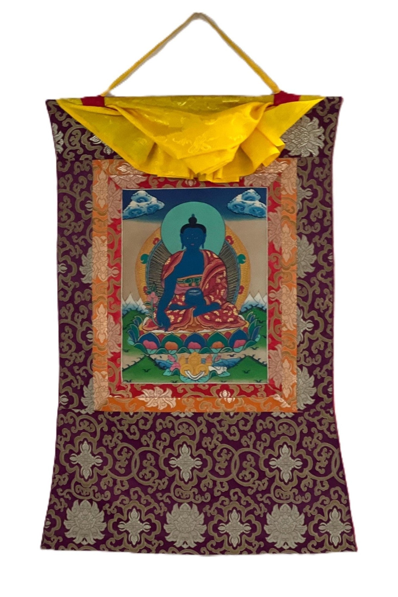Bhaisajyaguru / Medicine Buddha/ Master Healer/ Tibetan Thangka Painting/ Original Buddhist Art Framed with Silk Brocade - Tibetan Thangka Art