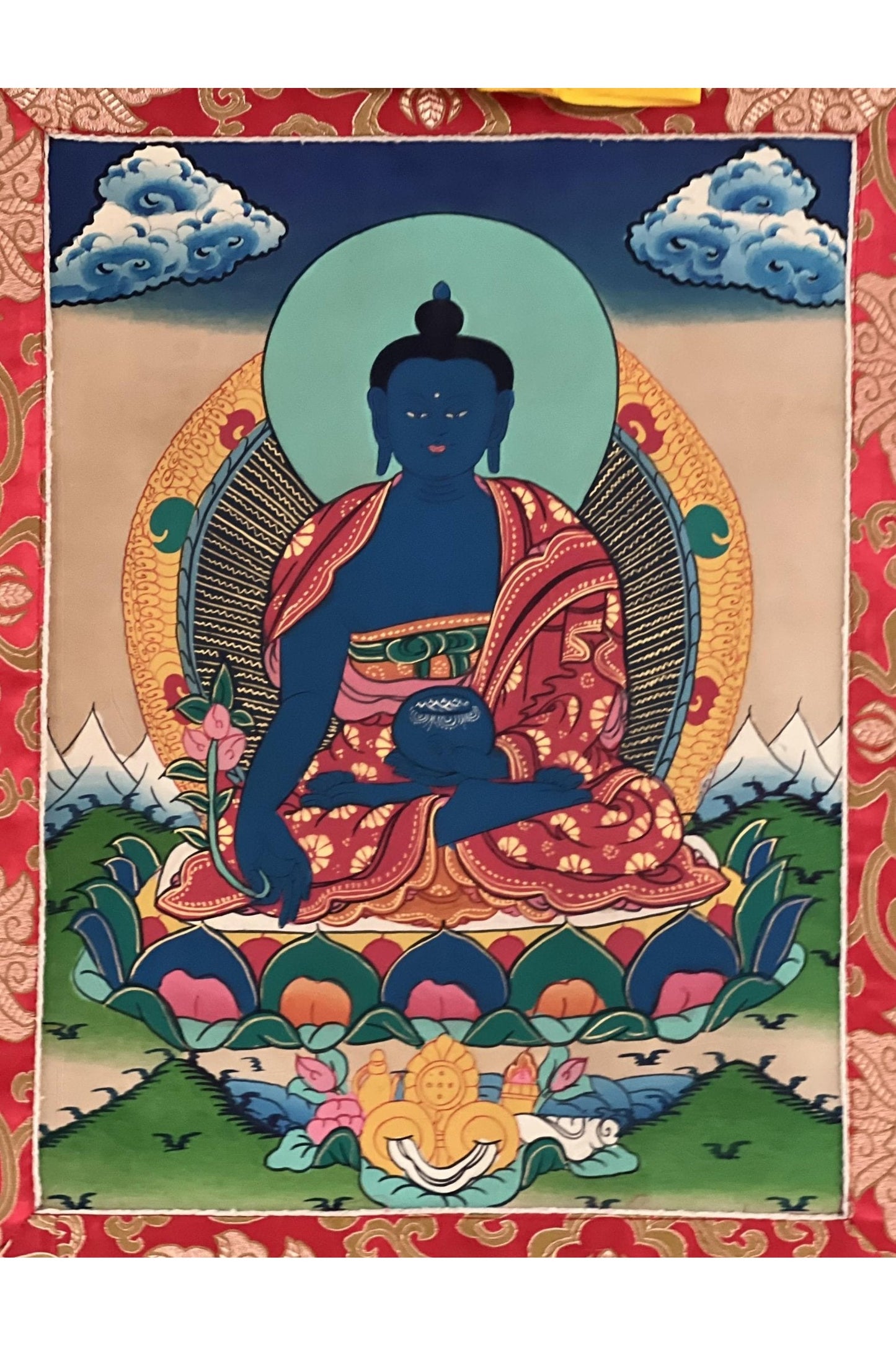 Bhaisajyaguru / Medicine Buddha/ Master Healer/ Tibetan Thangka Painting/ Original Buddhist Art Framed with Silk Brocade - Tibetan Thangka Art