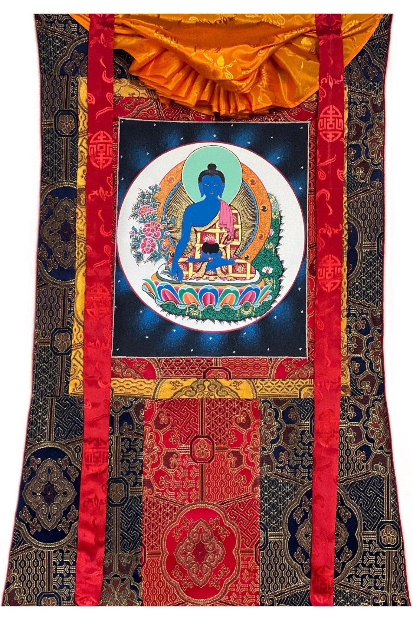 Bhaisajyaguru Medicine Buddha Master Heraler High - Quality Masterpiece Tibetan Thangka Painting Original Art with Premium Silk Frame - Tibetan Thangka Art