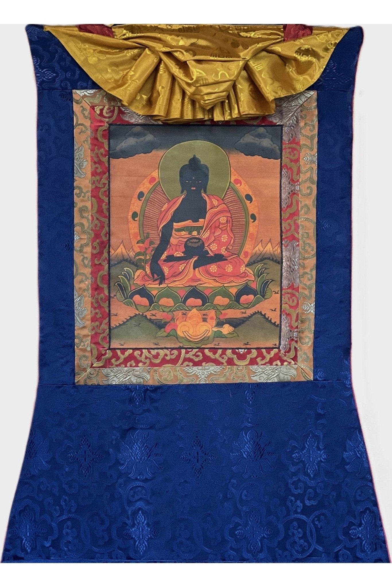 Bhaisajyaguru Medicine Buddha Oil - Varnished Old Tibetan Thangka Painting Original Art with Silk Border - Tibetan Thangka Art