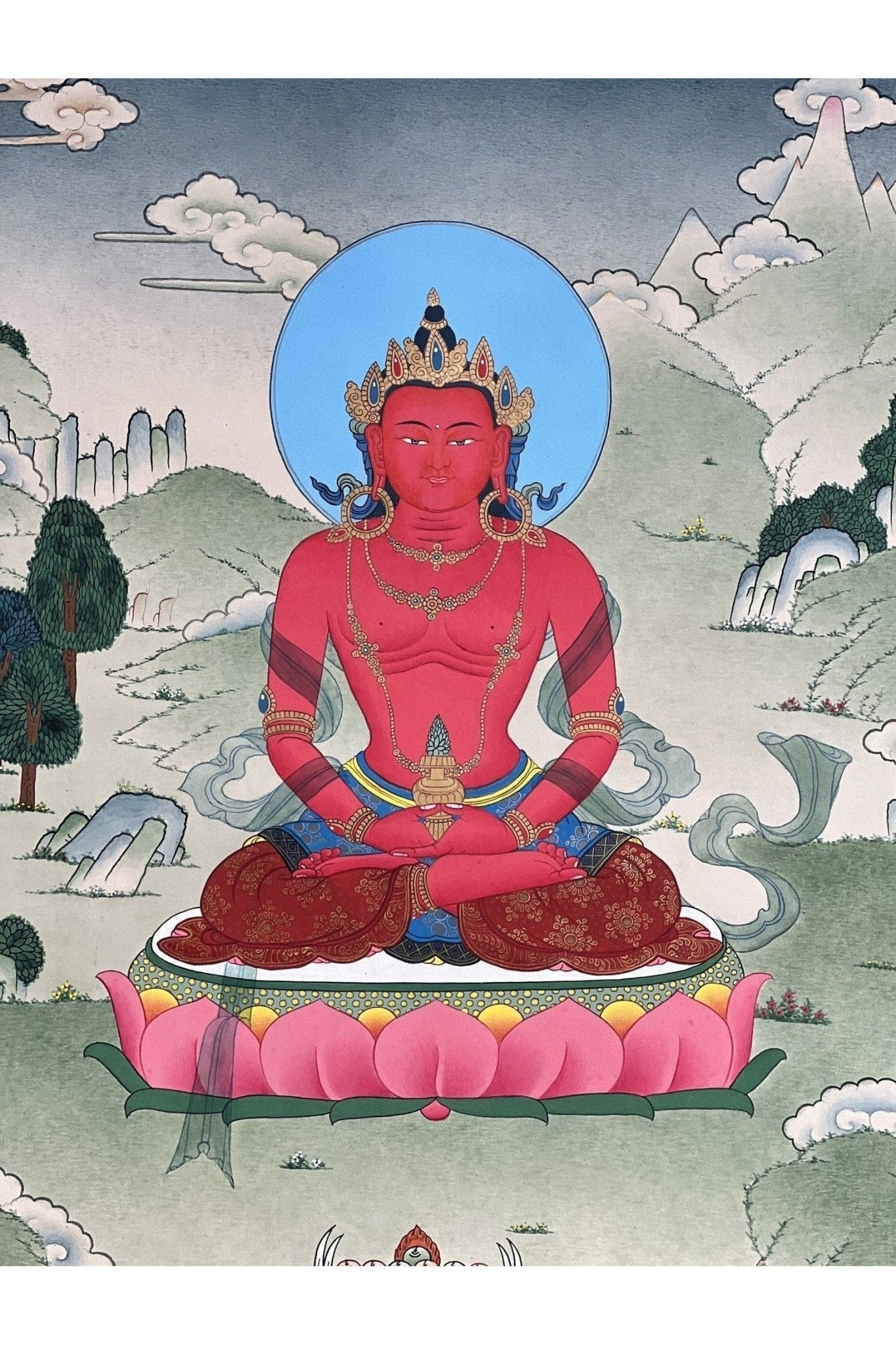 Buddha Amitayus/Aparamita Pure Land Buddha of Sukhavati / Eternal Life Original Masterpiece Tibetan Thangka Painting in Karma Gadri Style - Tibetan Thangka Art