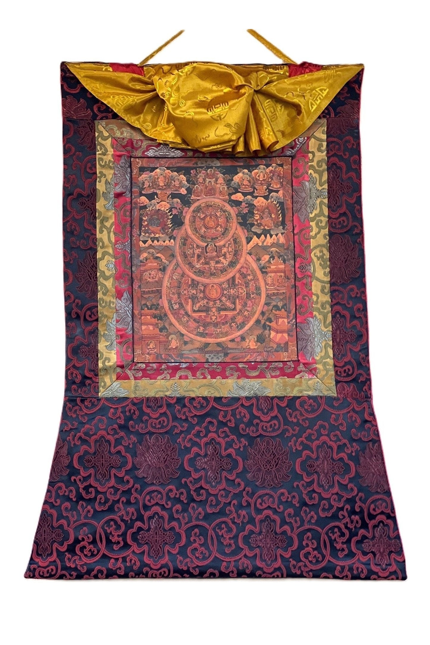 Buddha Life Bhavachakra Mandala Old Oil Varnished Tibetan Thangka Painting, Original Art/ Hand Painting with Silk Brocade - Tibetan Thangka Art