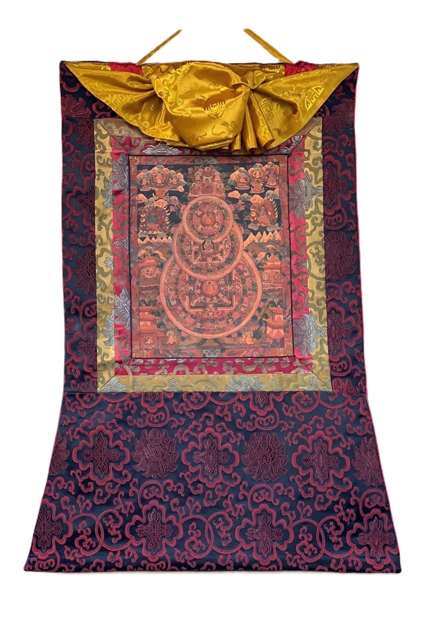 Buddha Life Bhavachakra Mandala Old Oil Varnished Tibetan Thangka Painting, Original Art/ Hand Painting with Silk Brocade - Tibetan Thangka Art