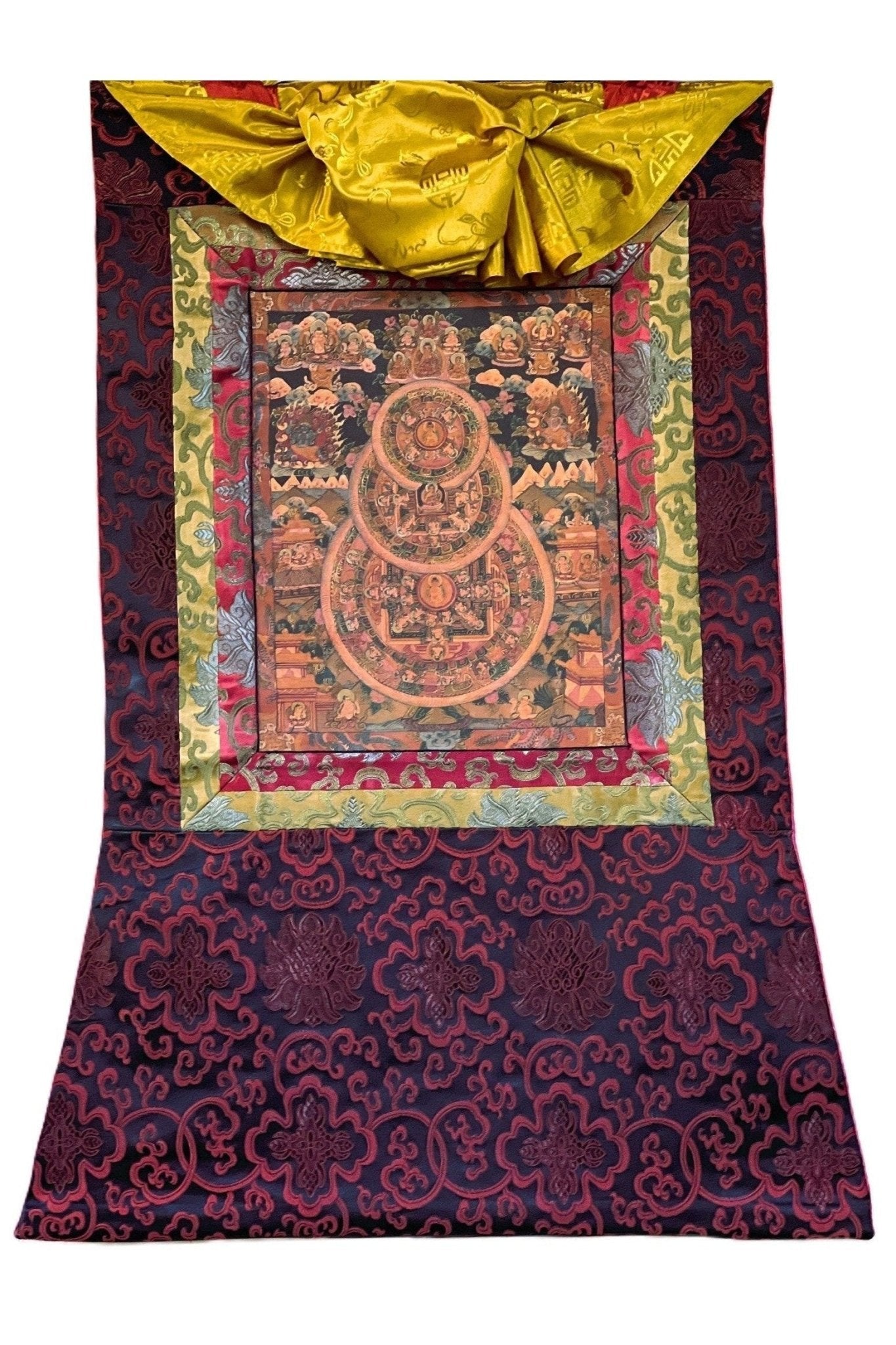Buddha Life Bhavachakra Mandala Old Oil Varnished Tibetan Thangka Painting, Original Art/ Hand Painting with Silk Brocade - Tibetan Thangka Art