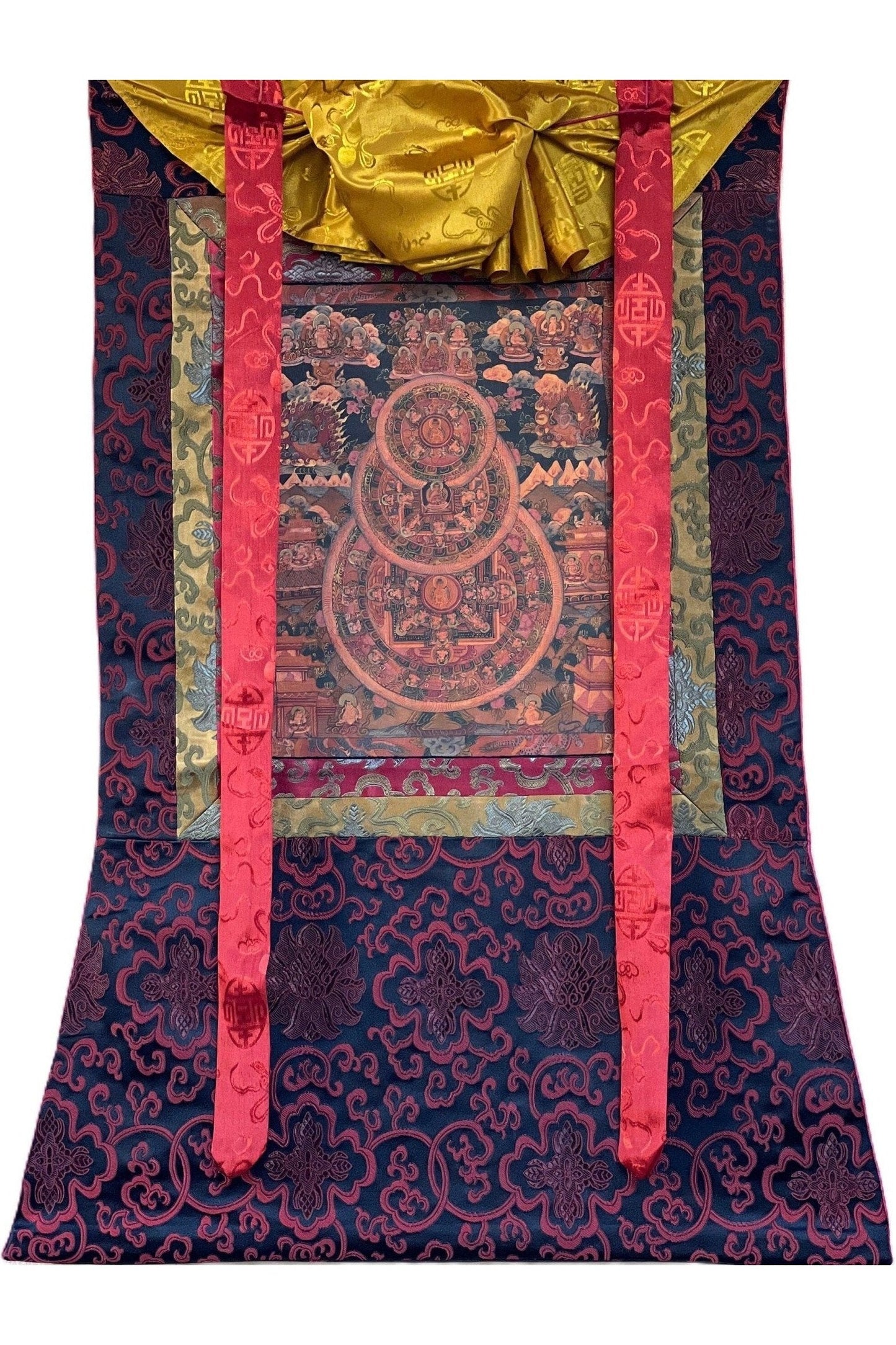 Buddha Life Bhavachakra Mandala Old Oil Varnished Tibetan Thangka Painting, Original Art/ Hand Painting with Silk Brocade - Tibetan Thangka Art