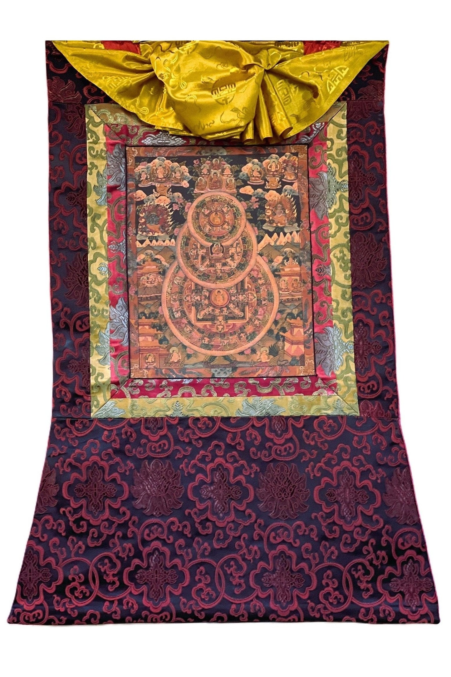 Buddha Life Bhavachakra Mandala Old Oil Varnished Tibetan Thangka Painting, Original Art/ Hand Painting with Silk Brocade - Tibetan Thangka Art