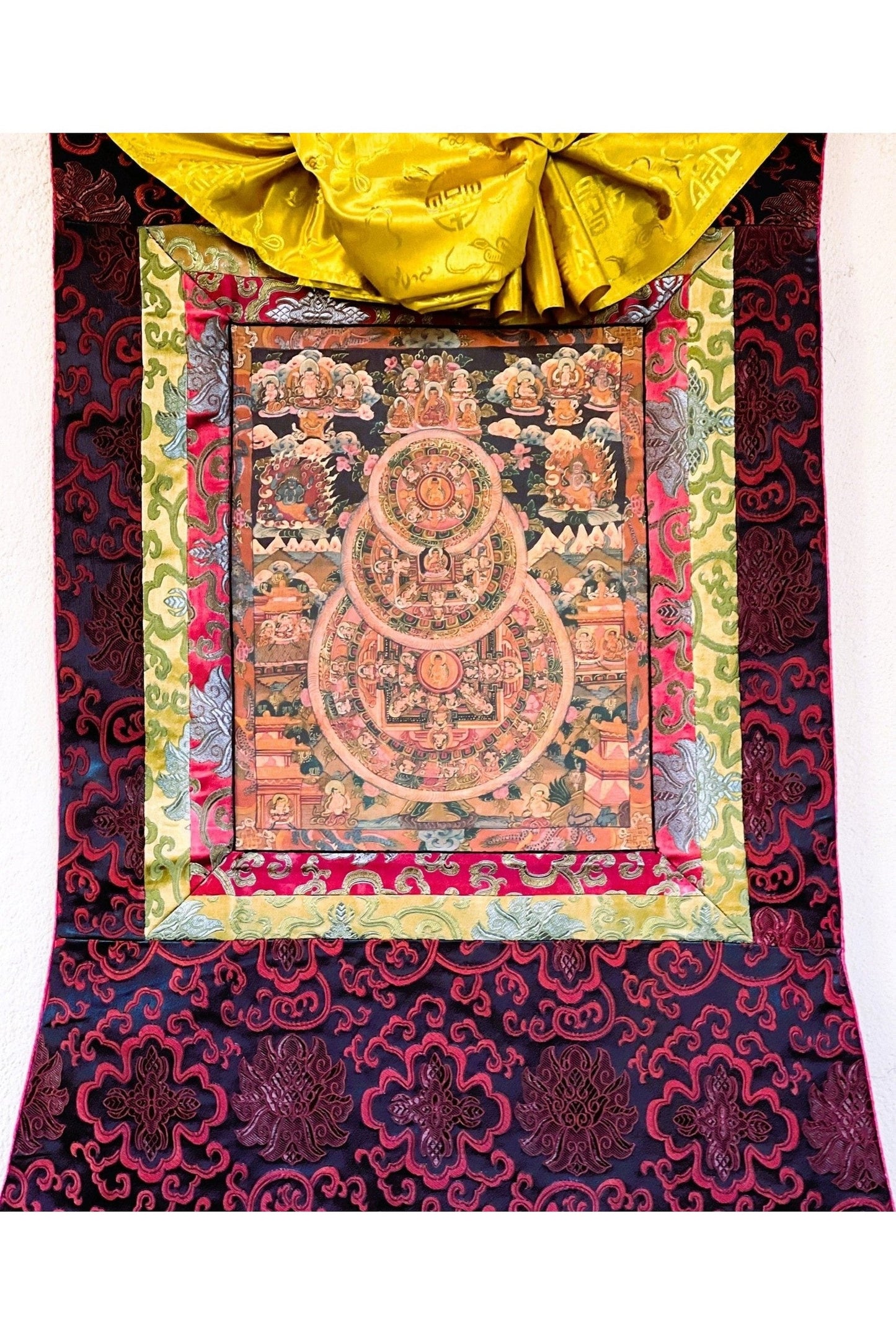 Buddha Life Bhavachakra Mandala Old Oil Varnished Tibetan Thangka Painting, Original Art/ Hand Painting with Silk Brocade - Tibetan Thangka Art