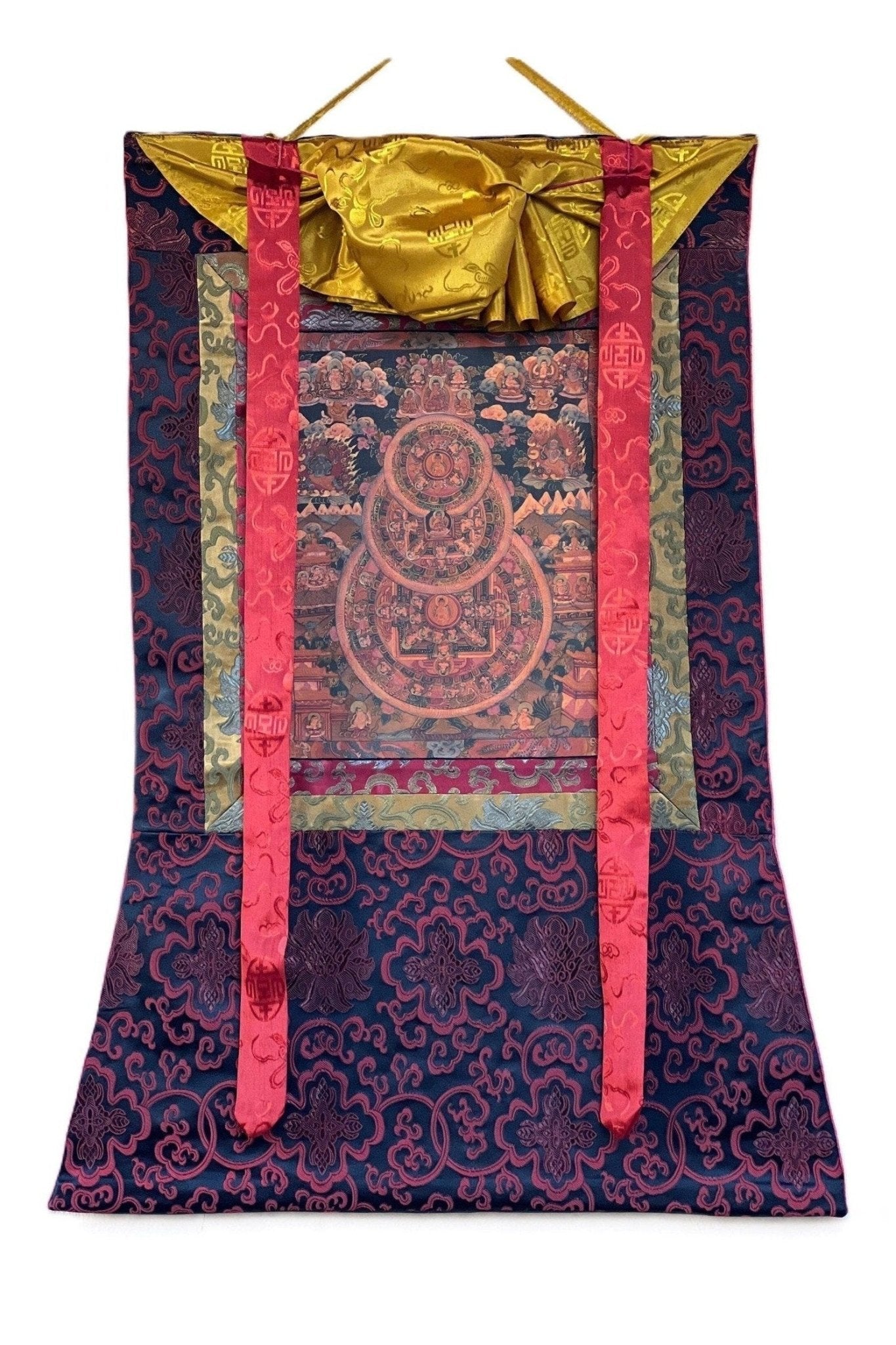 Buddha Life Bhavachakra Mandala Old Oil Varnished Tibetan Thangka Painting, Original Art/ Hand Painting with Silk Brocade - Tibetan Thangka Art
