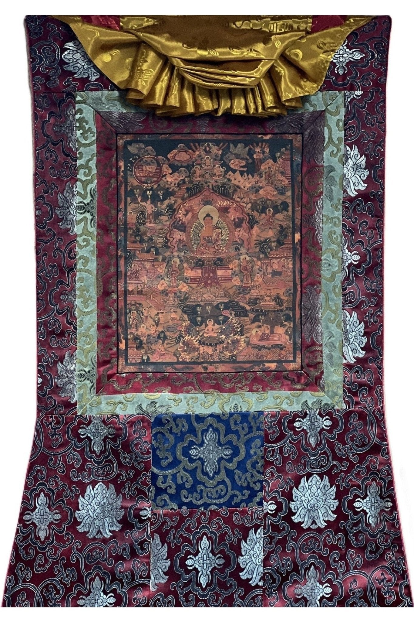 Buddha Life Mandala Wheel of Life Bhavacakra Mandala Old Oil Varnished Tibetan Thangka Painting Original Art with Silk Brocade - Tibetan Thangka Art
