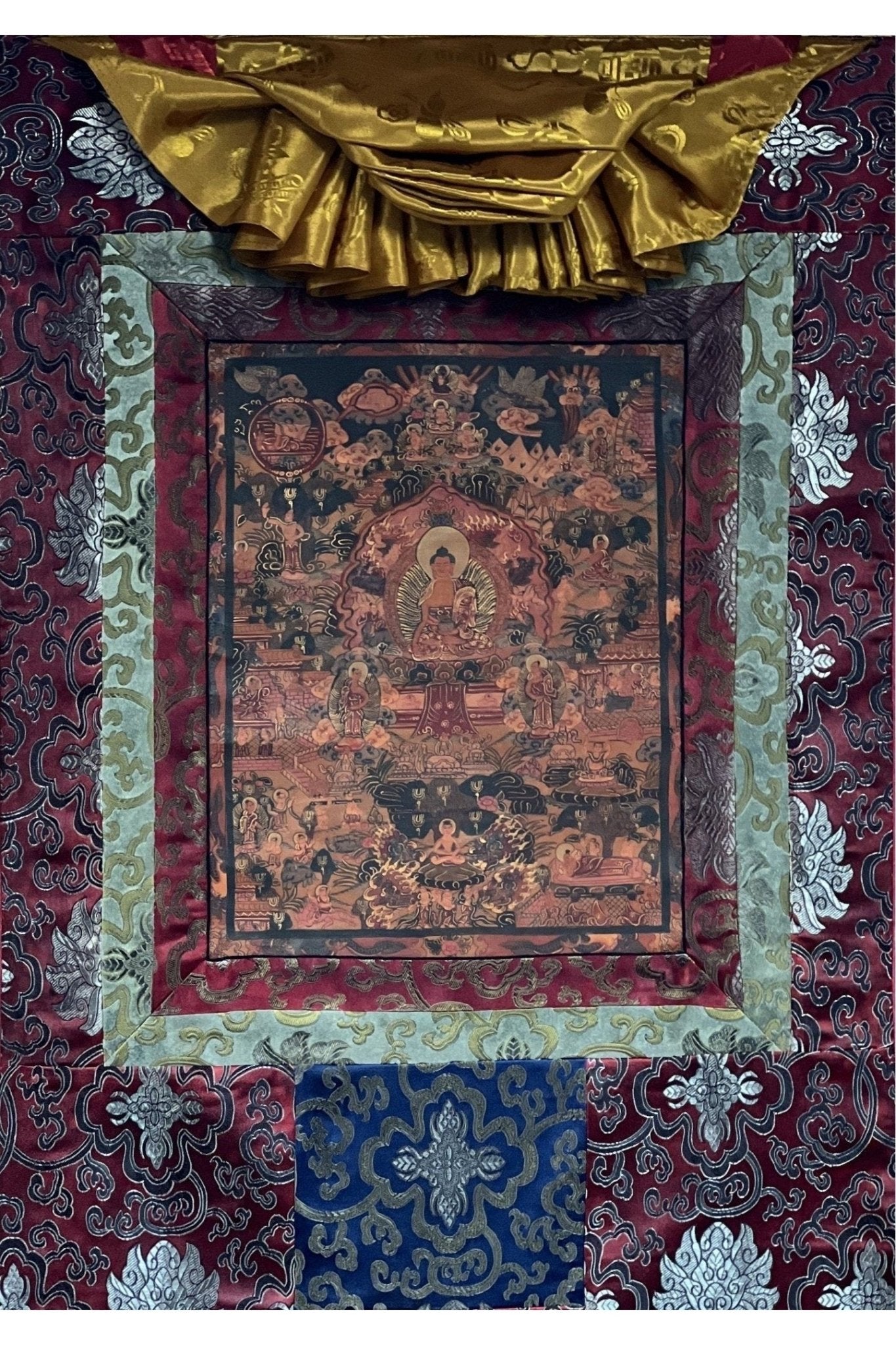 Buddha Life Mandala Wheel of Life Bhavacakra Mandala Old Oil Varnished Tibetan Thangka Painting Original Art with Silk Brocade - Tibetan Thangka Art