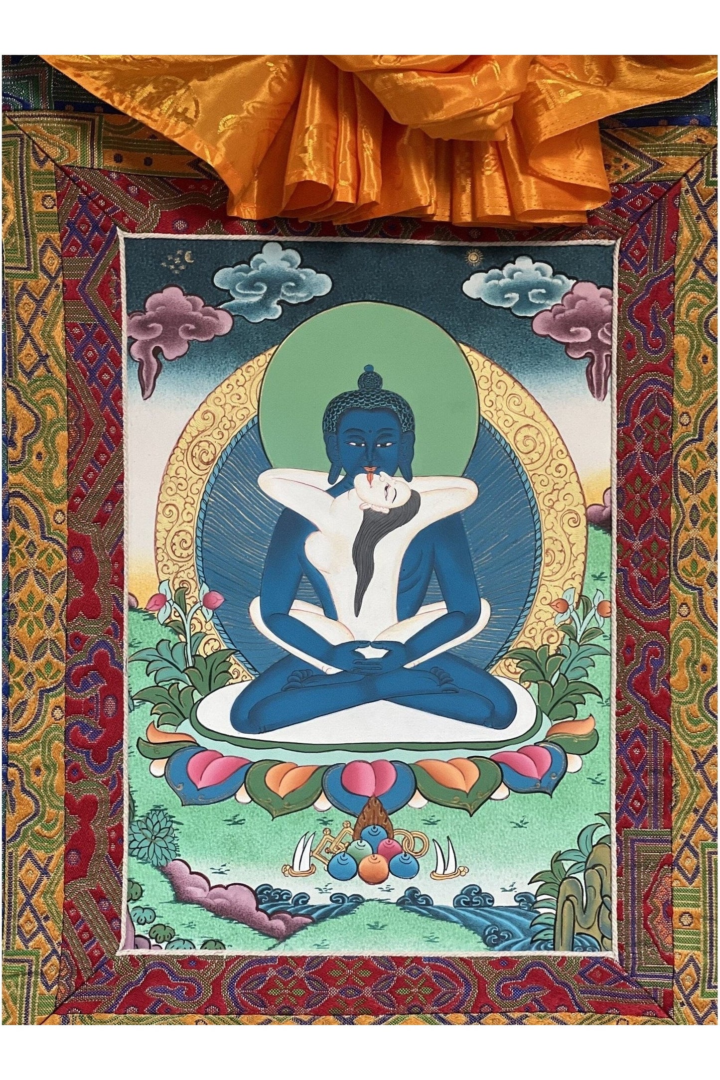 Buddha Shakti Samantabhadra Master Quality Tibetan Thangka Painting Original Art with Premium Silk Brocade - Tibetan Thangka Art
