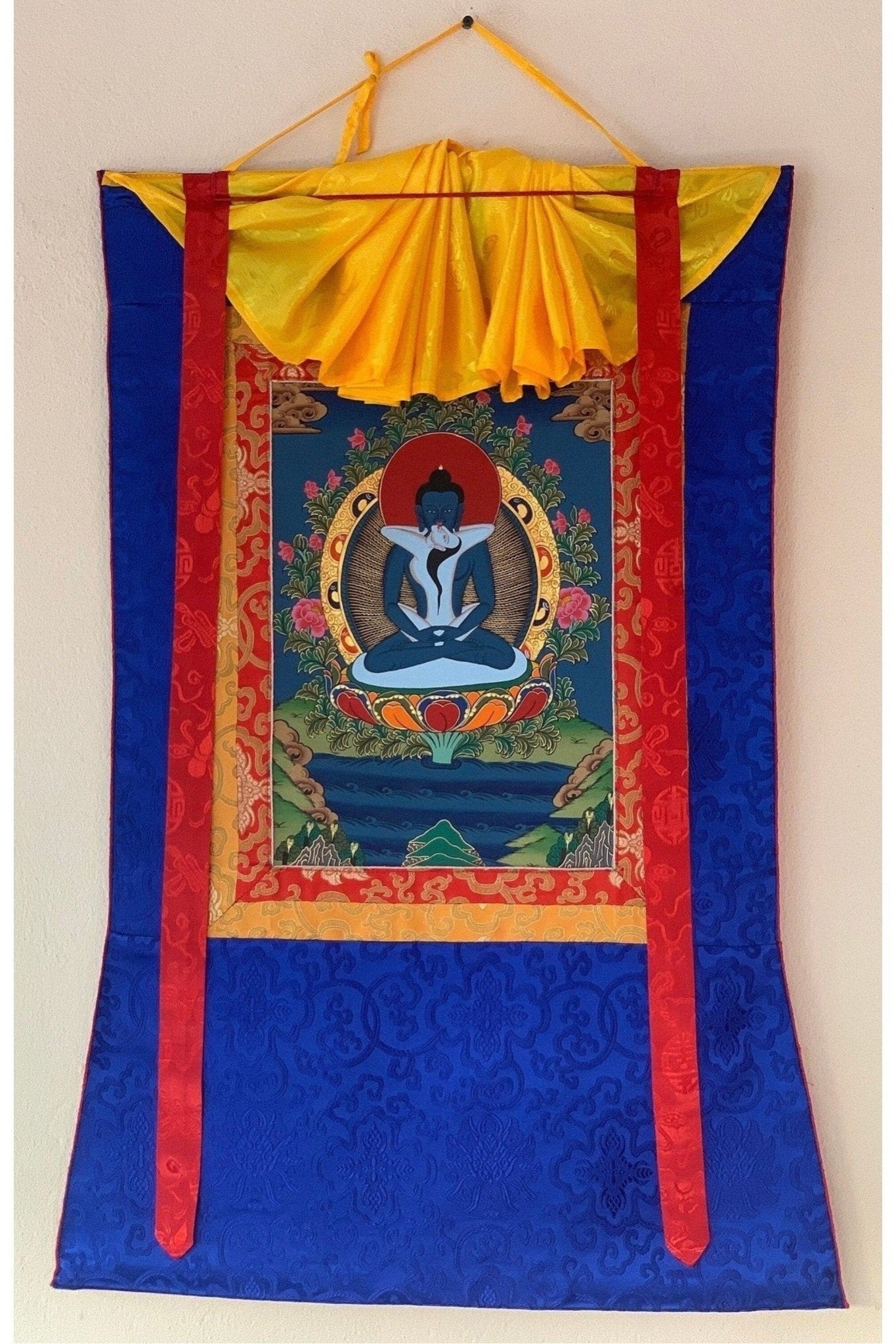 Buddha Shakti, Samantabhadra, Tibetan Thangka Painting, Original Art with Silk Brocade - Tibetan Thangka Art