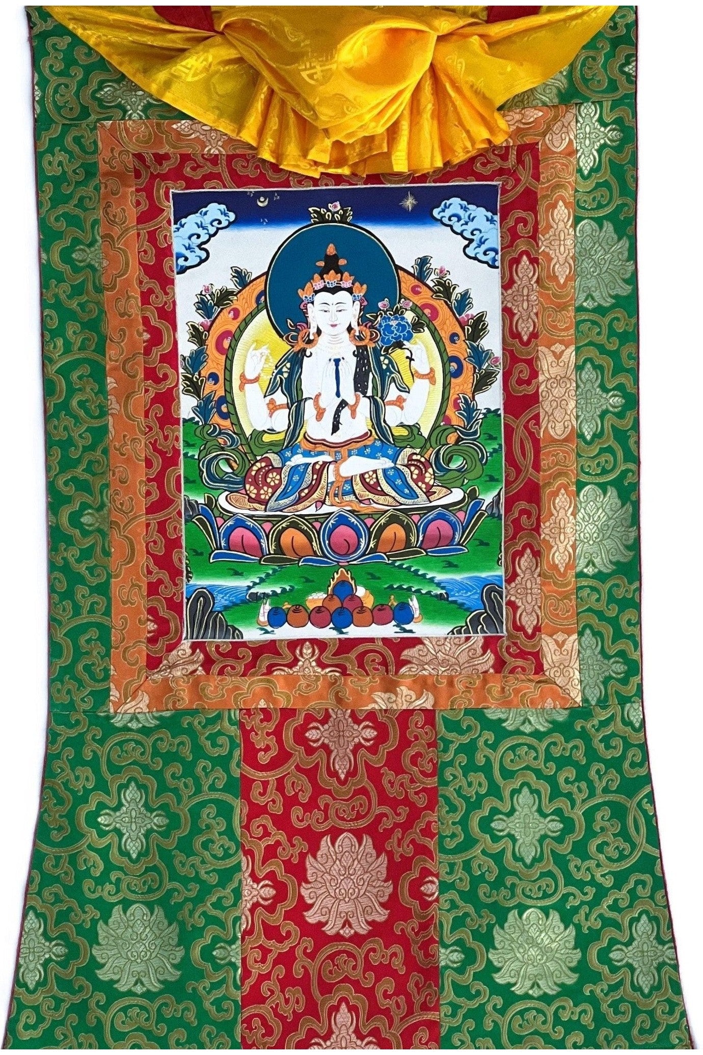 Chaturbhuja ( Four - Armed) Avalokiteshvara/ Chyangresi/ Chenrezig, Original Tibetan Thangka Painting/Hand Painting with Silk Brocade - Tibetan Thangka Art