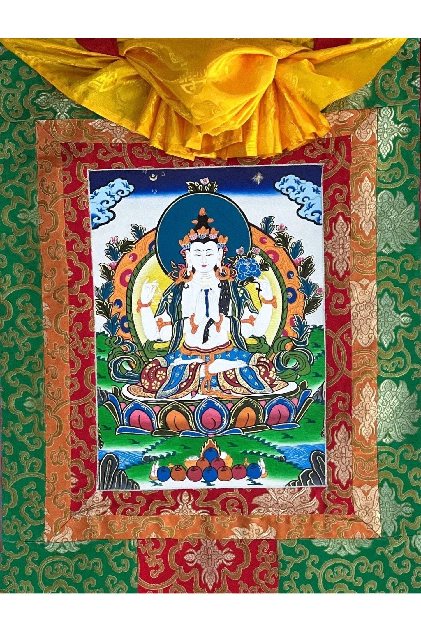 Chaturbhuja ( Four - Armed) Avalokiteshvara/ Chyangresi/ Chenrezig, Original Tibetan Thangka Painting/Hand Painting with Silk Brocade - Tibetan Thangka Art