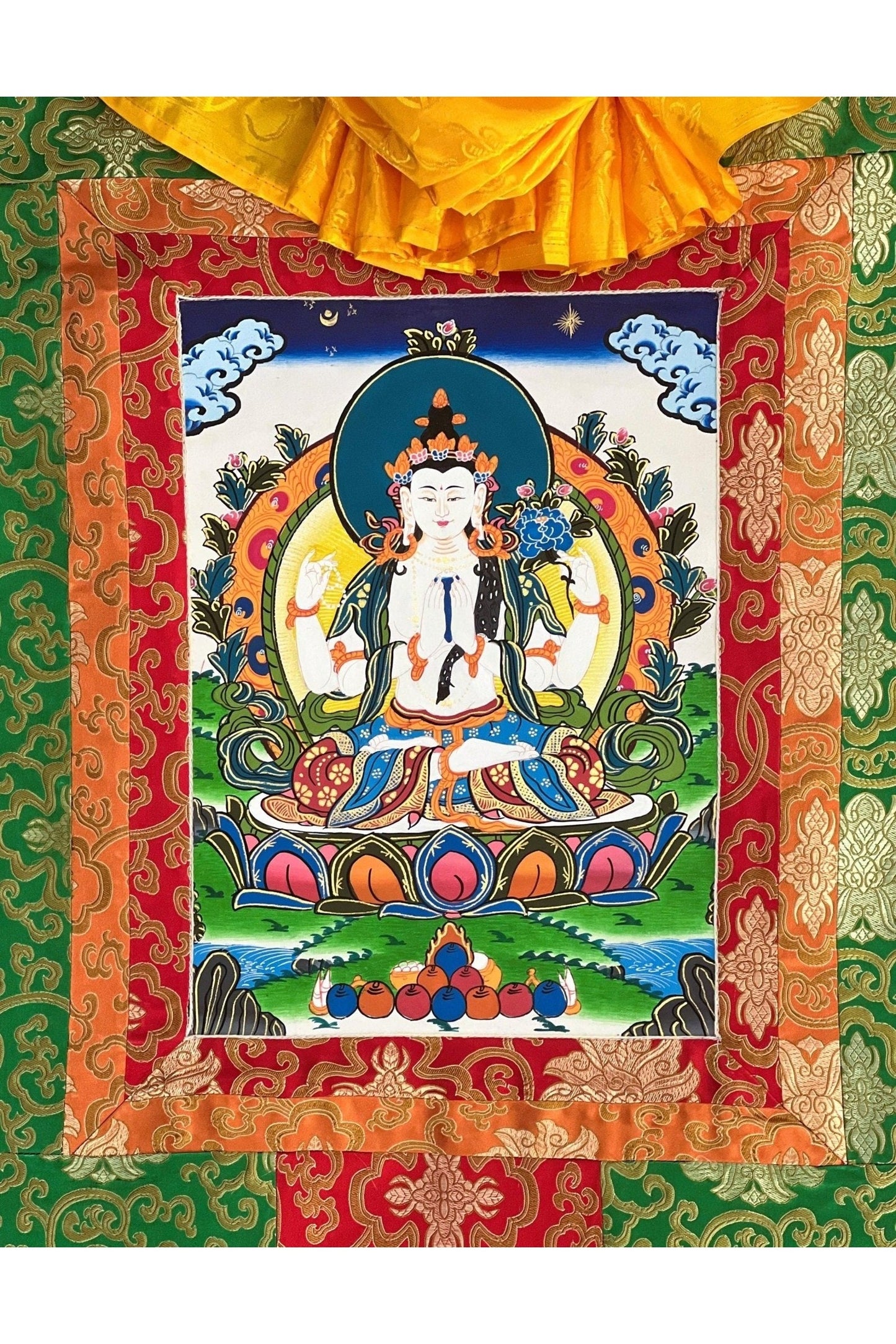 Chaturbhuja ( Four - Armed) Avalokiteshvara/ Chyangresi/ Chenrezig, Original Tibetan Thangka Painting/Hand Painting with Silk Brocade - Tibetan Thangka Art