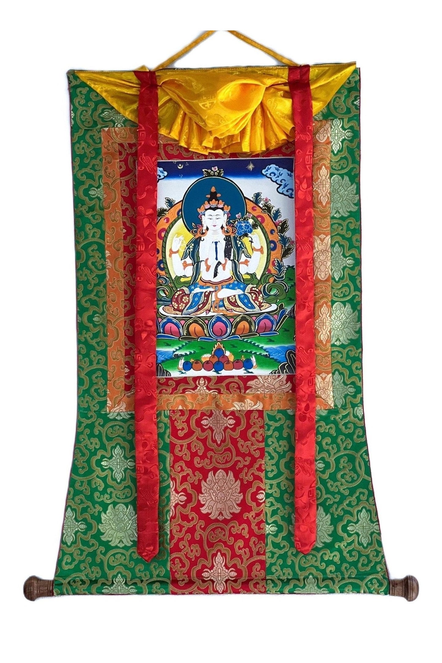 Chaturbhuja ( Four - Armed) Avalokiteshvara/ Chyangresi/ Chenrezig, Original Tibetan Thangka Painting/Hand Painting with Silk Brocade - Tibetan Thangka Art