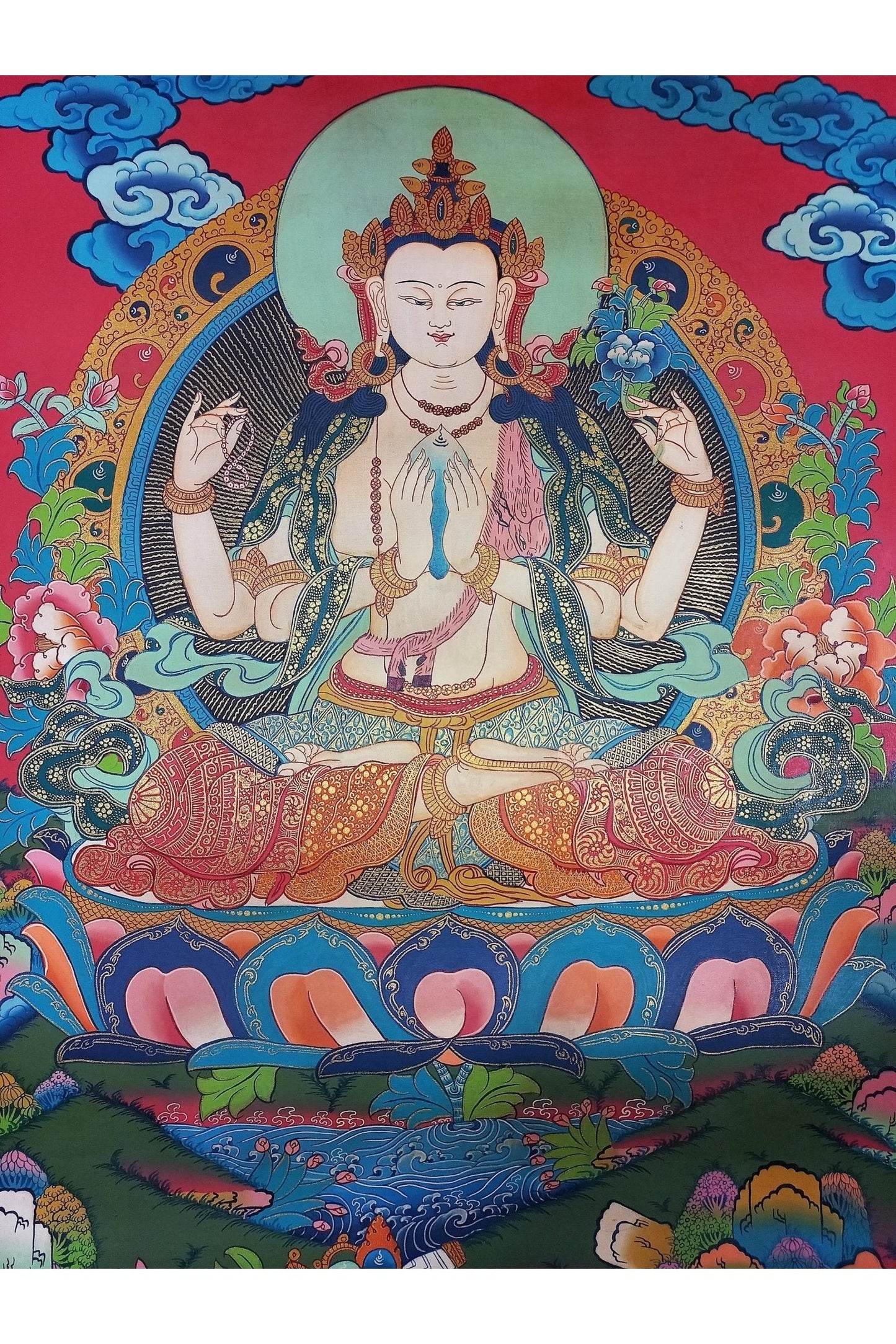 Chenrezig (Avalokiteshvara) Bodhisattva of Compassion Smoky Tibetan Thangka Painting | Hand - Painted Masterpiece | Buddhist Art from Nepal - Tibetan Thangka Art