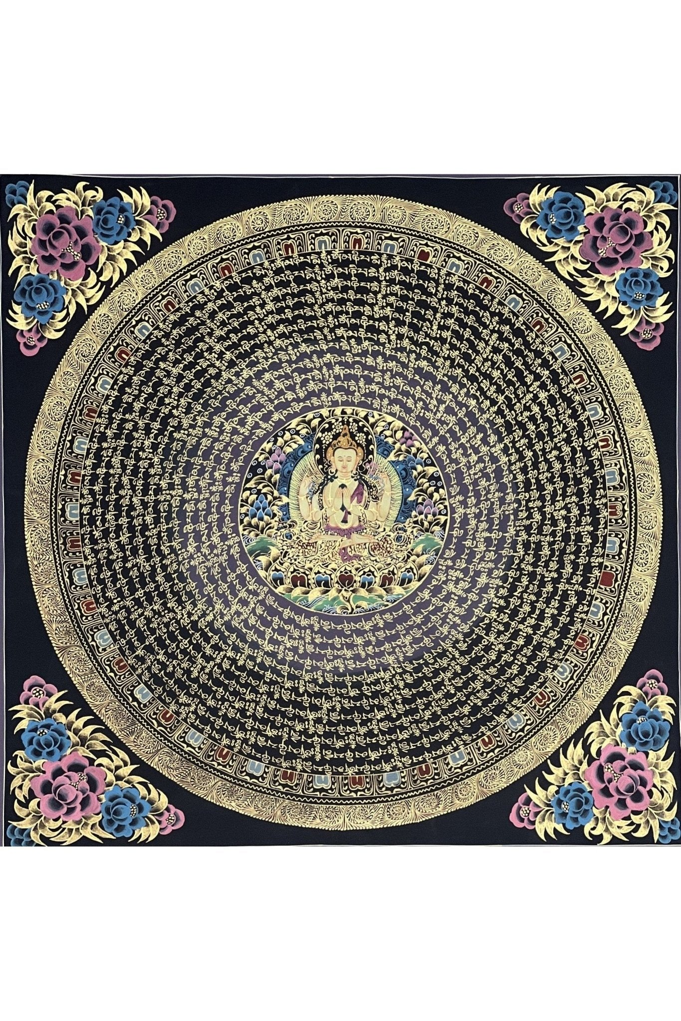 Chenrezig Om Mani Padme Hum Mantra Mandala Original Tibetan Thangka Painting Buddhist Meditation Art/Hand Painting - Tibetan Thangka Art