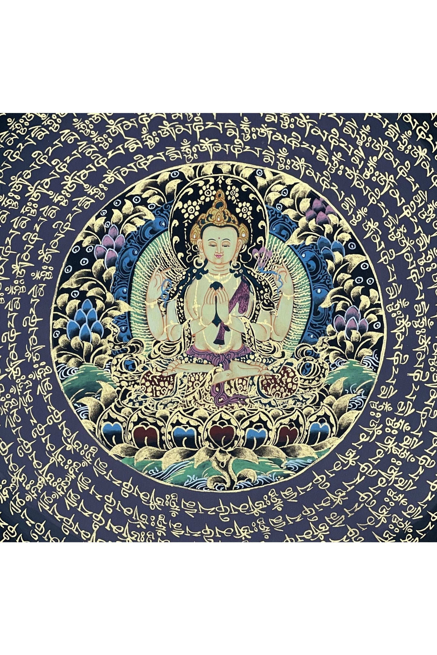 Chenrezig Om Mani Padme Hum Mantra Mandala Original Tibetan Thangka Painting Buddhist Meditation Art/Hand Painting - Tibetan Thangka Art