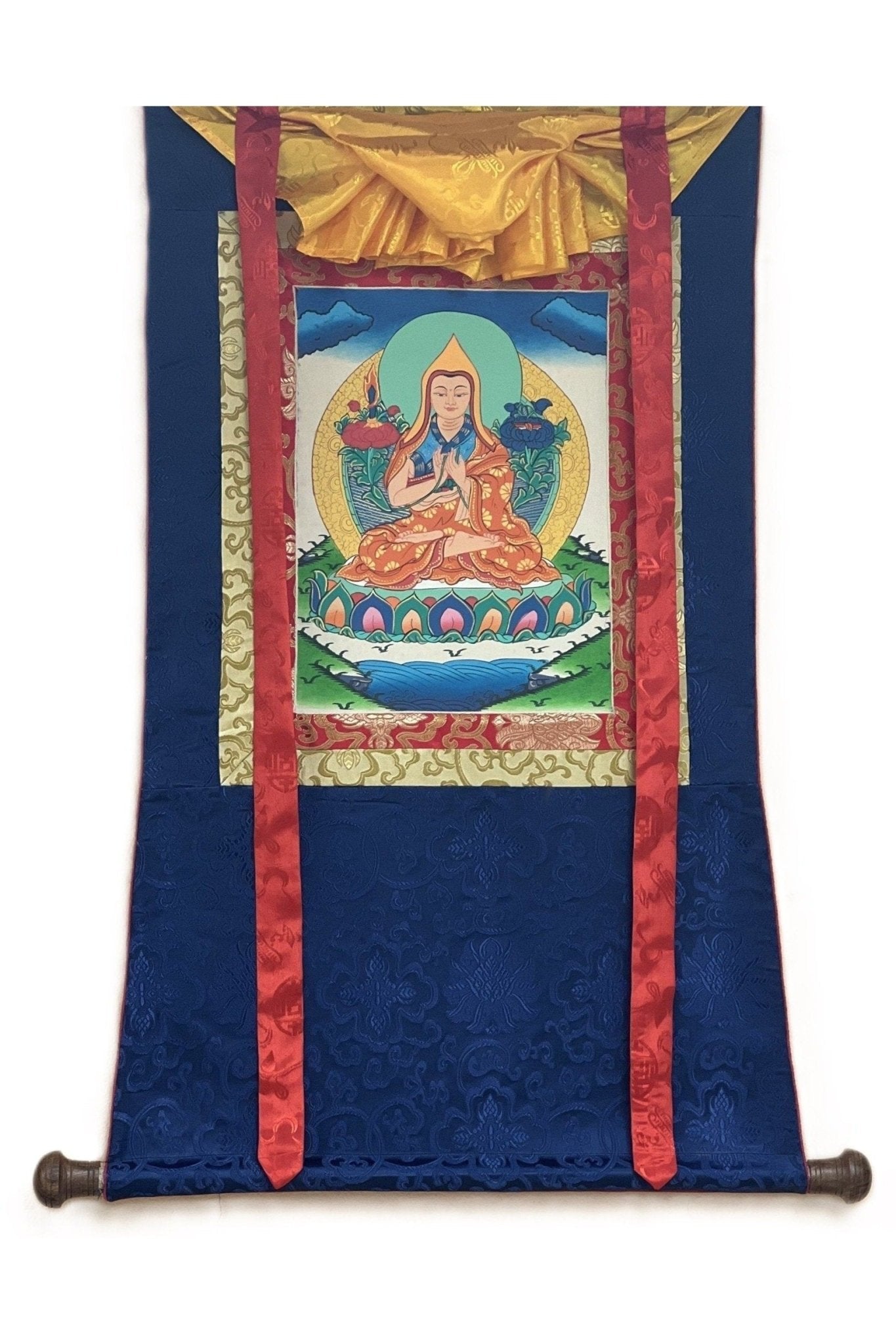 Chongapa/ Je Tsongkhapa Renowned Tibetan Master / Disciple Thangka Painting Original Art with Silk Brocade - Tibetan Thangka Art