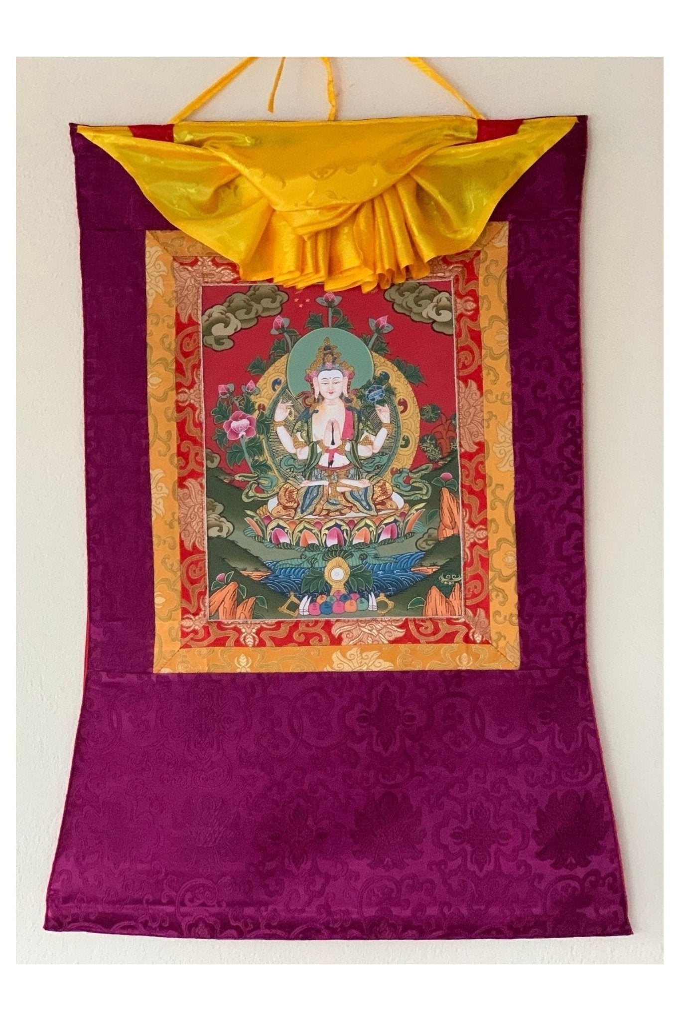 Chyangresi, Chenrezig, Avalokiteshvara, Bodhisattva, Thangka Painting, Original Art with Silk Brocade - Tibetan Thangka Art