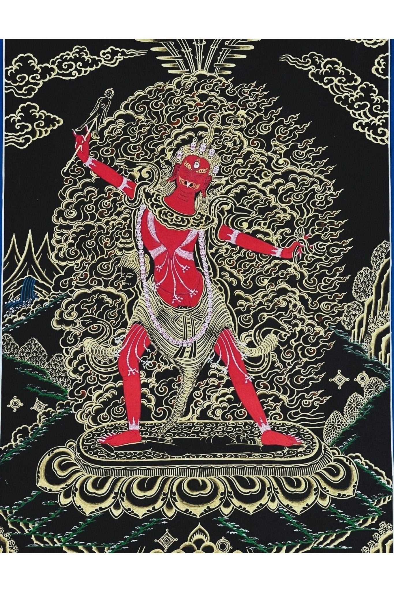 Ekajati/Ekajata/Ugra Tara/ Vajra Tara/ Blue Tara/ High - Quality Masterpiece Black and Gold Tibetan Thangka Painting Original Tantra Art - Tibetan Thangka Art