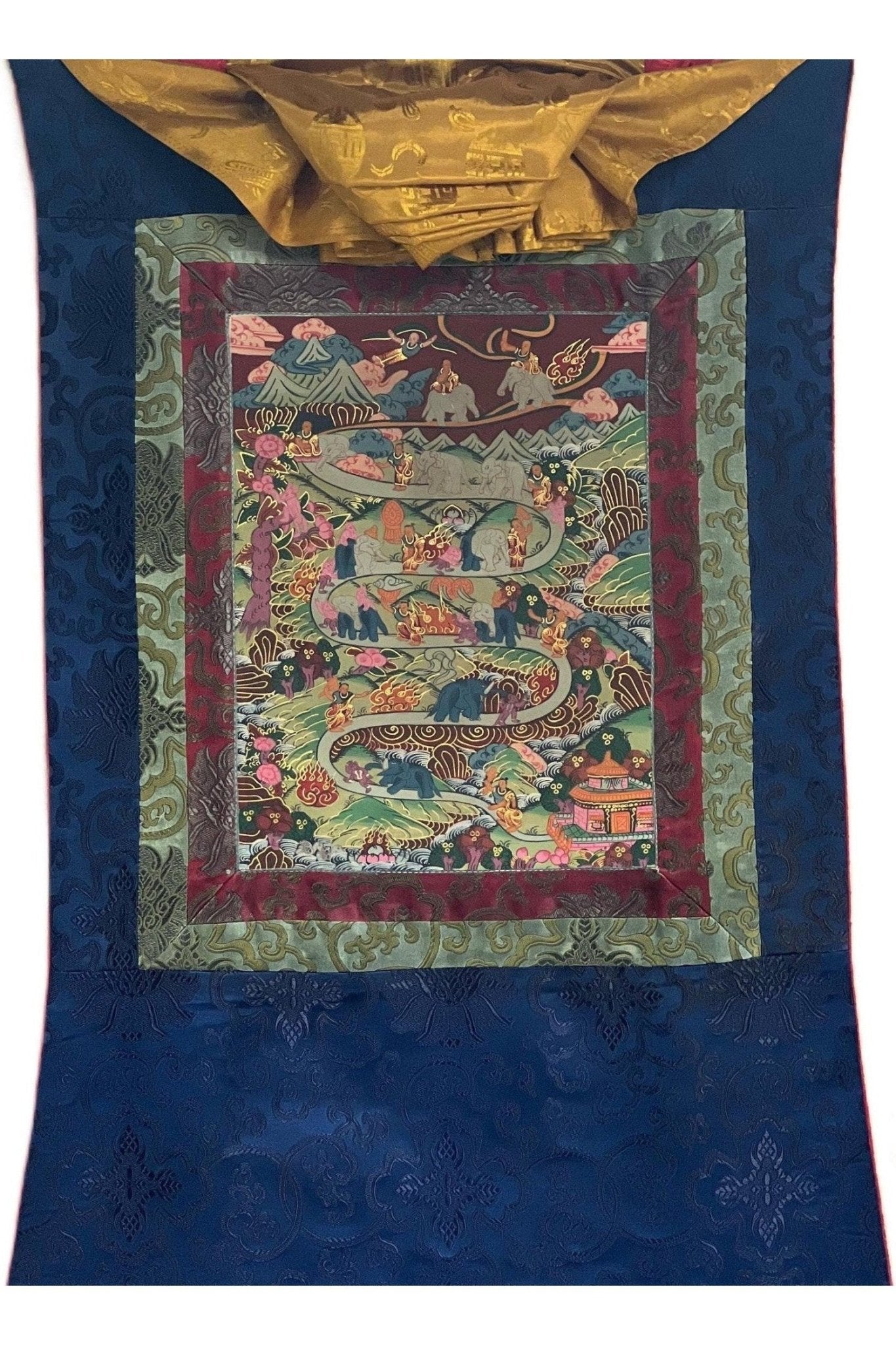 Elephant Path 9 Stages Samatha Meditation Way to Heaven Tibetan Thangka Painting Original Meditation Art/ Wall Hanging with Silk Brocade - Tibetan Thangka Art