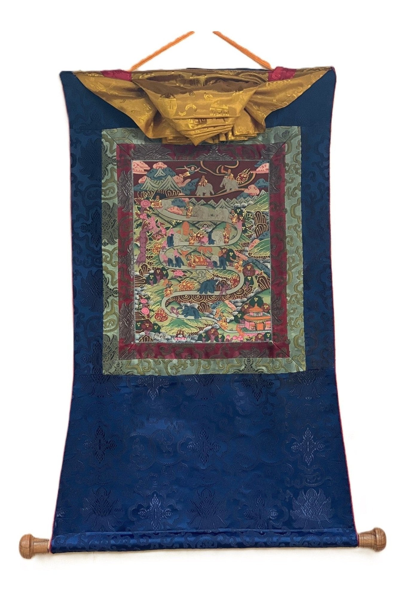Elephant Path 9 Stages Samatha Meditation Way to Heaven Tibetan Thangka Painting Original Meditation Art/ Wall Hanging with Silk Brocade - Tibetan Thangka Art