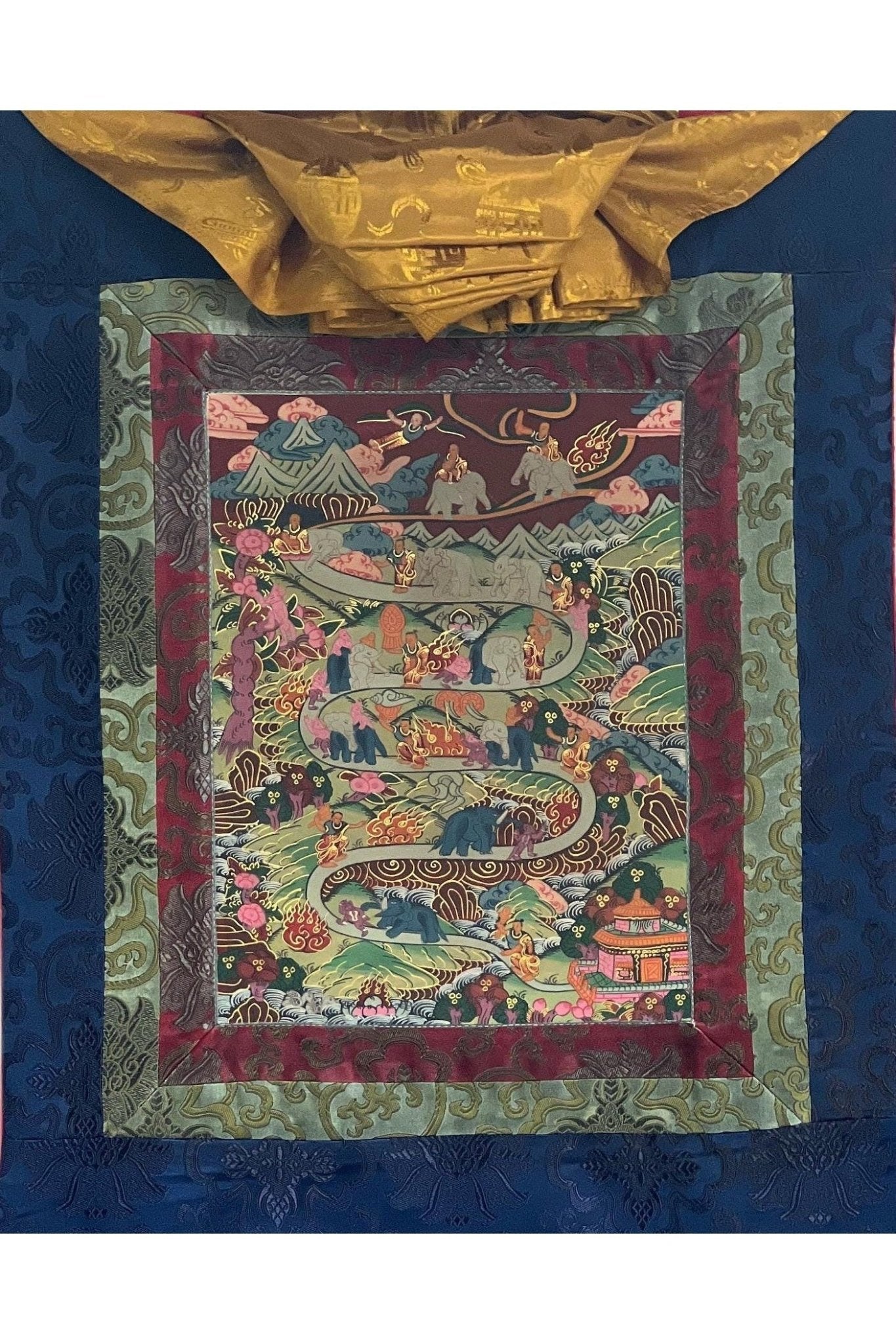 Elephant Path 9 Stages Samatha Meditation Way to Heaven Tibetan Thangka Painting Original Meditation Art/ Wall Hanging with Silk Brocade - Tibetan Thangka Art