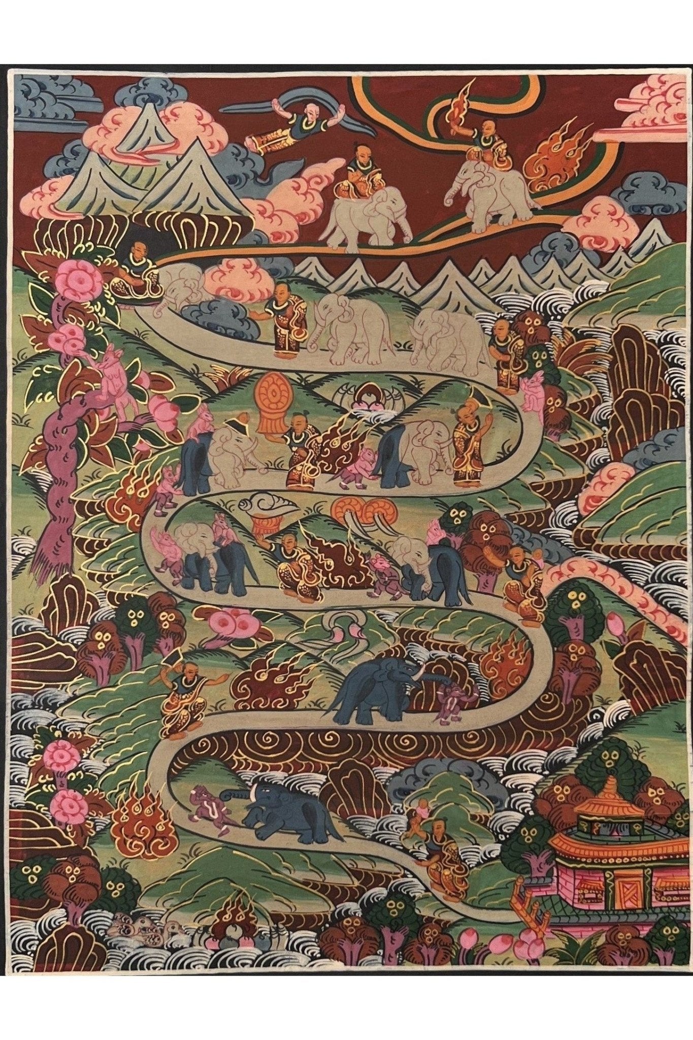 Elephant Path 9 Stages Samatha Meditation Way to Heaven Tibetan Thangka Painting Original Meditation Art/ Wall Hanging with Silk Brocade - Tibetan Thangka Art