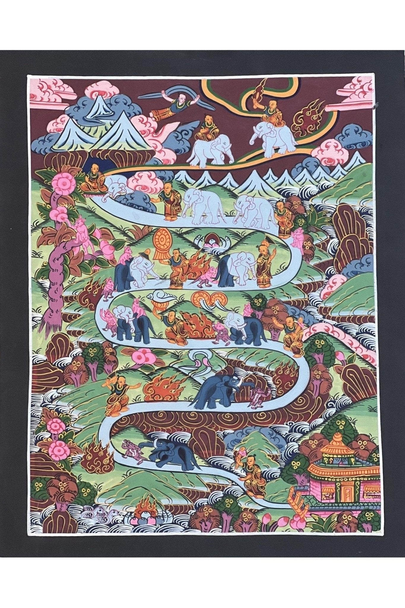 Elephant Path Samatha Meditation Way to Heaven/ Nirvana Tibetan Thangka Painting Original Art for Nine Stage Samatha Meditation Practice - Tibetan Thangka Art