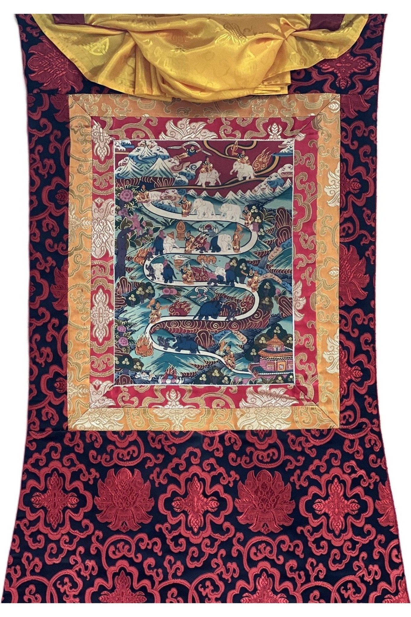 Elephant Path Samatha Meditation Way to Heaven/Nirvana Tibetan Thangka Painting Original Art with Silk Brocade - Tibetan Thangka Art