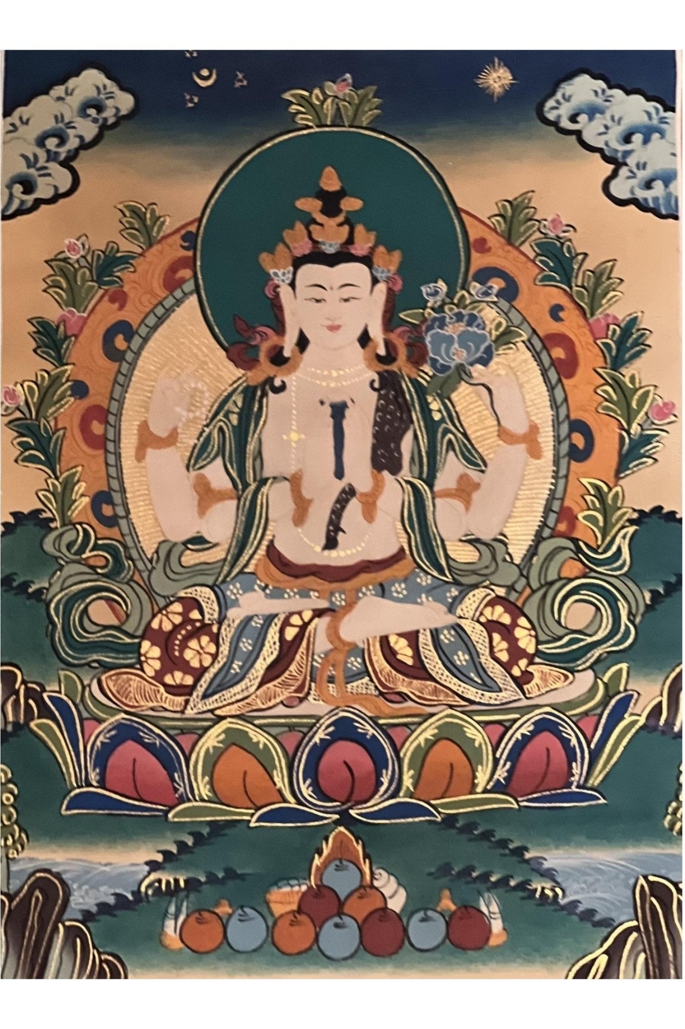 Four Armed Avalokiteshvara/ Lokeswor/ Chyangresi/ Chenrezig Old Smoky Tibetan Thangka Painting with High - Quality Silk Brocade - Tibetan Thangka Art