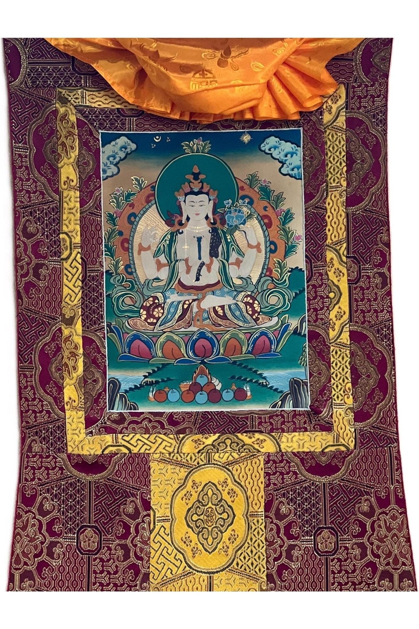 Four Armed Avalokiteshvara/ Lokeswor/ Chyangresi/ Chenrezig Old Smoky Tibetan Thangka Painting with High - Quality Silk Brocade - Tibetan Thangka Art
