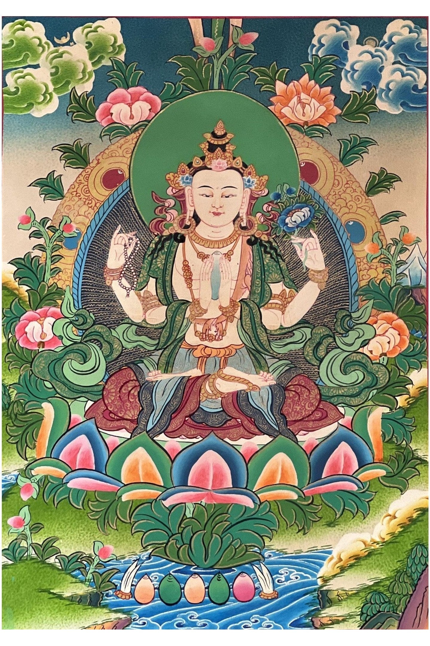 Four Armed Bodhisattva Avalokiteshvara/ Lokeswor/ Chenrezig/ Masterpiece Smoky Tibetan Thangka Painting/ Original Buddhist Art - Tibetan Thangka Art