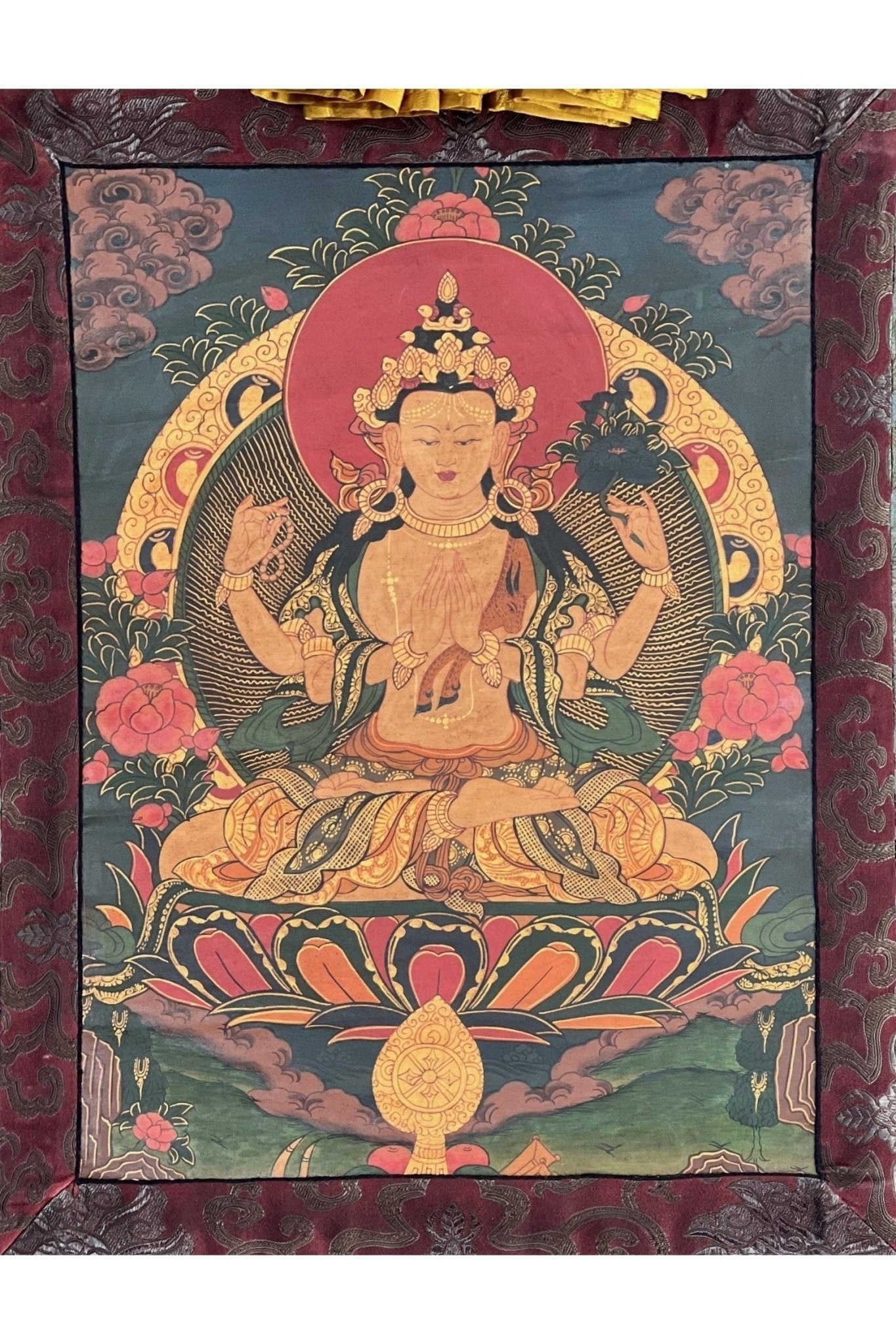 Four Armed Chenrezig/ Avalokiteshvara Bodhisattva Old Oil Varnished Tibetan Thangka Painting/ Original Buddhist Art with Silk Brocade - Tibetan Thangka Art