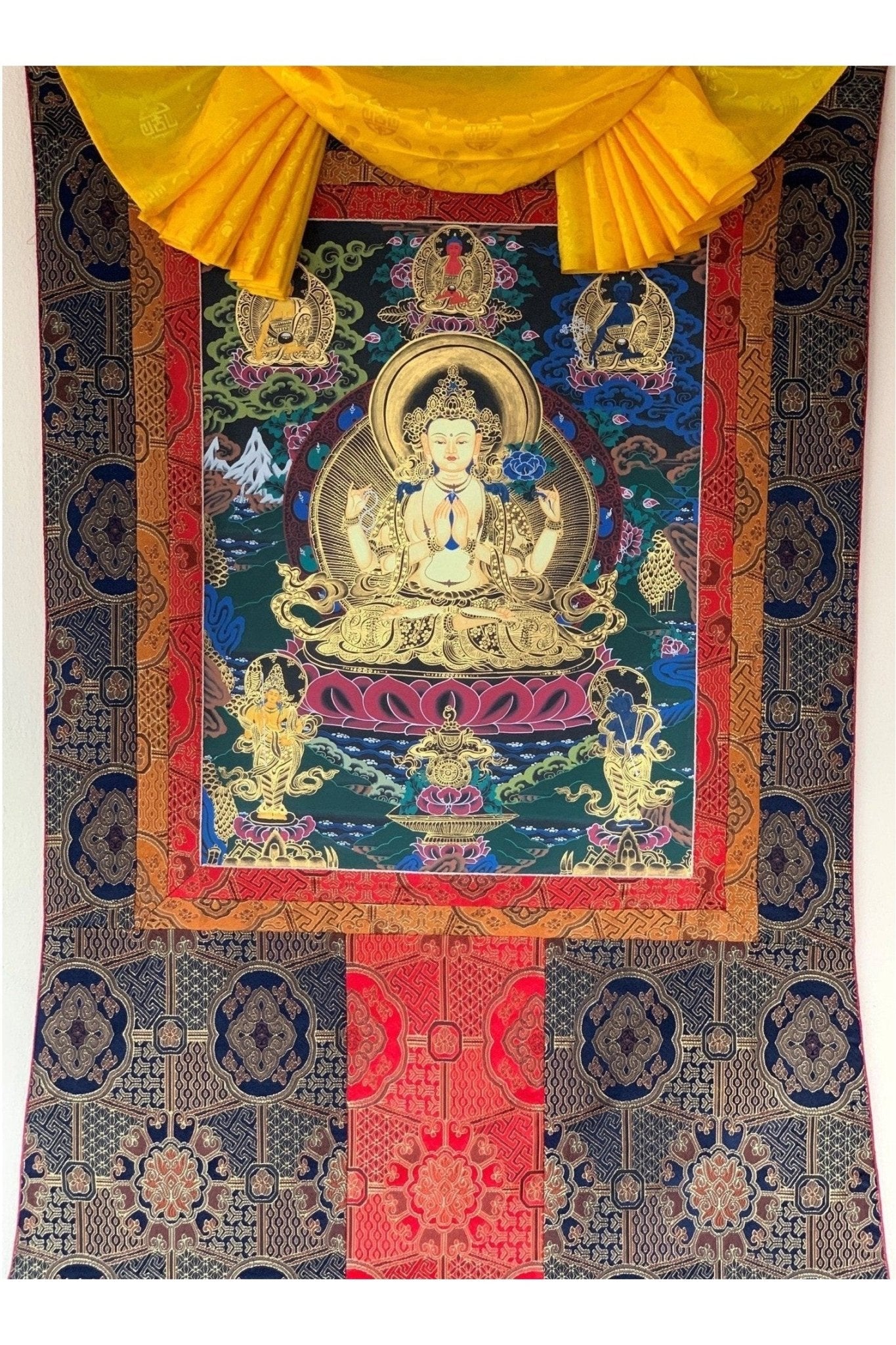 Four Armed Chenrezig/ Avalokiteshvara Bodhisattva Tibetan Thangka Painting Original Buddhist Art with Premium Silk Brocade - Tibetan Thangka Art