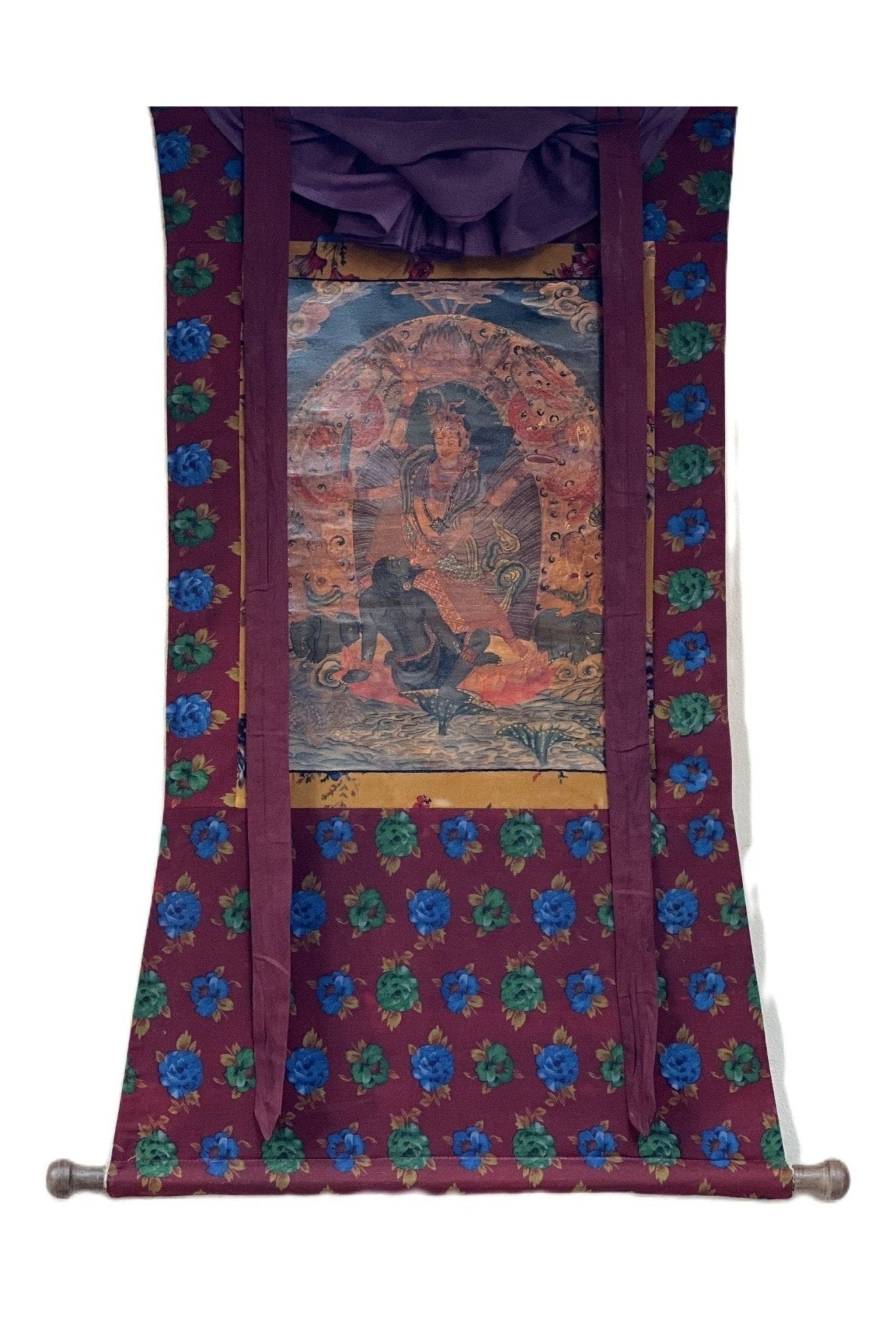 Goddess Durga/Jagdamba/ Navadurga Old Oil Varnished Newari Paubha Thangka Painting Hindu Art with Cotton Brocade - Tibetan Thangka Art