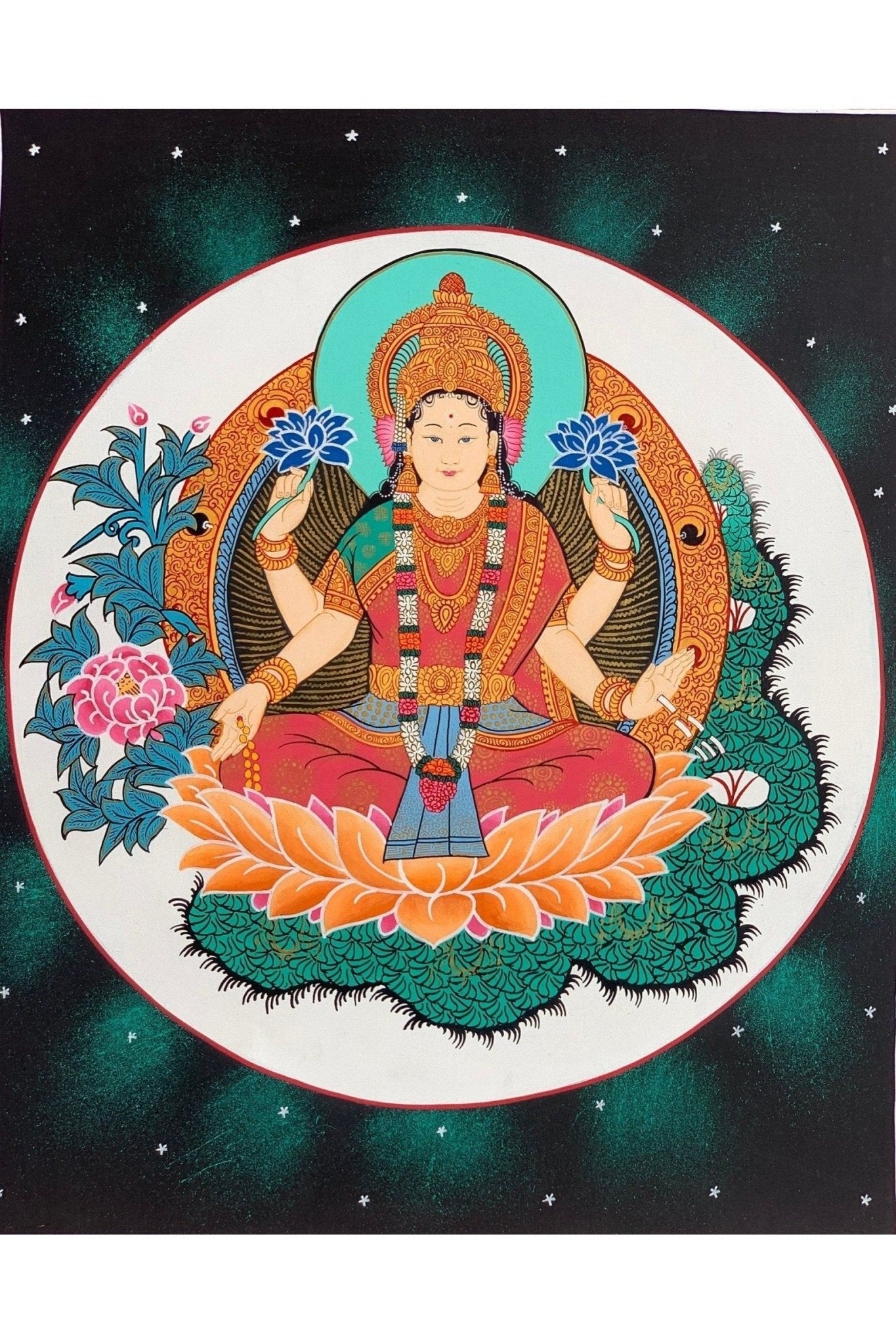 Goddess Laxmi, Asta Laxmi, Mahalaxmi, Thangka Painting, Original Hinudu Buddhist Art, 11 x 14 - Inch - Tibetan Thangka Art