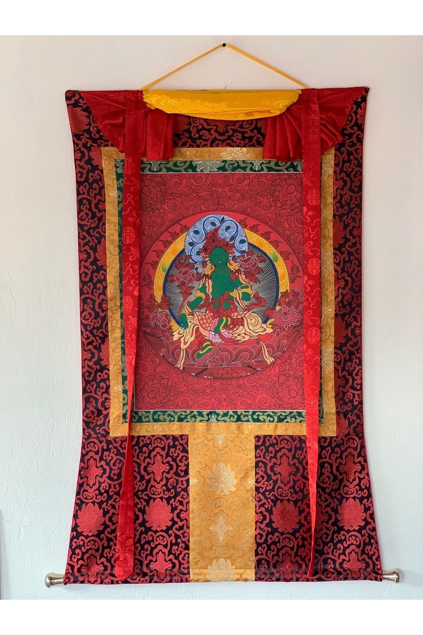 Green Tara Devine Mother Original Masterpiece High - quality Tibetan Thangka Painting with Silk Brocade - Tibetan Thangka Art